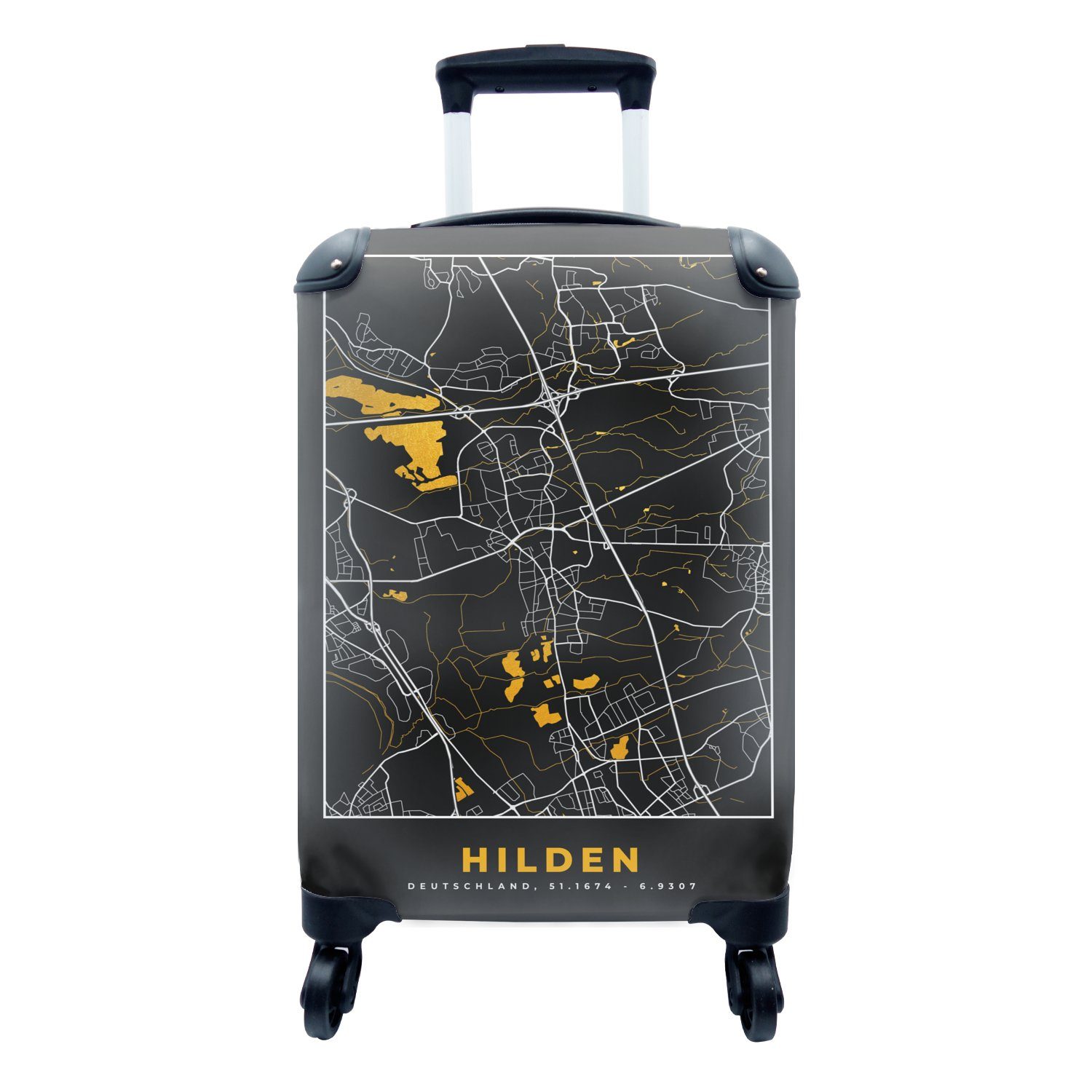 MuchoWow Handgepäckkoffer Deutschland - Schwarz und Gold - Hilden - Stadtplan - Karte, 4 Rollen, Reisetasche mit rollen, Handgepäck für Ferien, Trolley, Reisekoffer