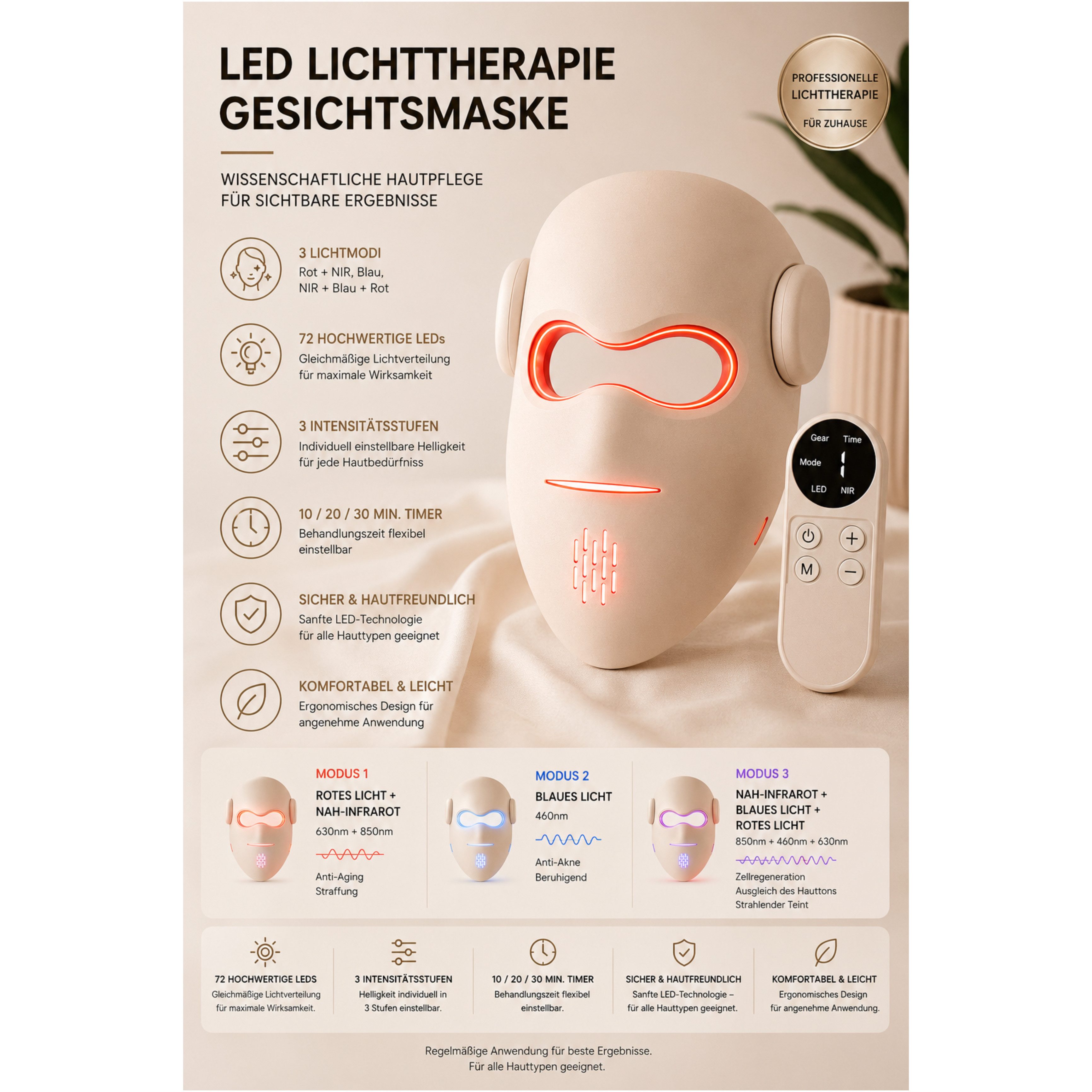 Lalano`S Cosmetics LED-Gesichtsmaske LUMIVANCE 3 Lichtmodi, 72 LEDs, Kabellose Fernbedienung & Bedienfeld, Anti-Aging-Gerät, Nah Infrarot, 3 Intensitätsstufen, Kombinierte Modis
