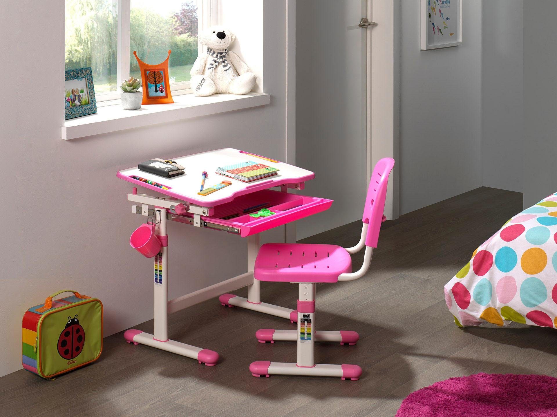 Vipack Kinderschreibtisch Comfortline (Set, mit Stuhl), Schülerschreibtsich, ergenomisch höhenverstellbar, mit Stauraumfach weiß/rosa