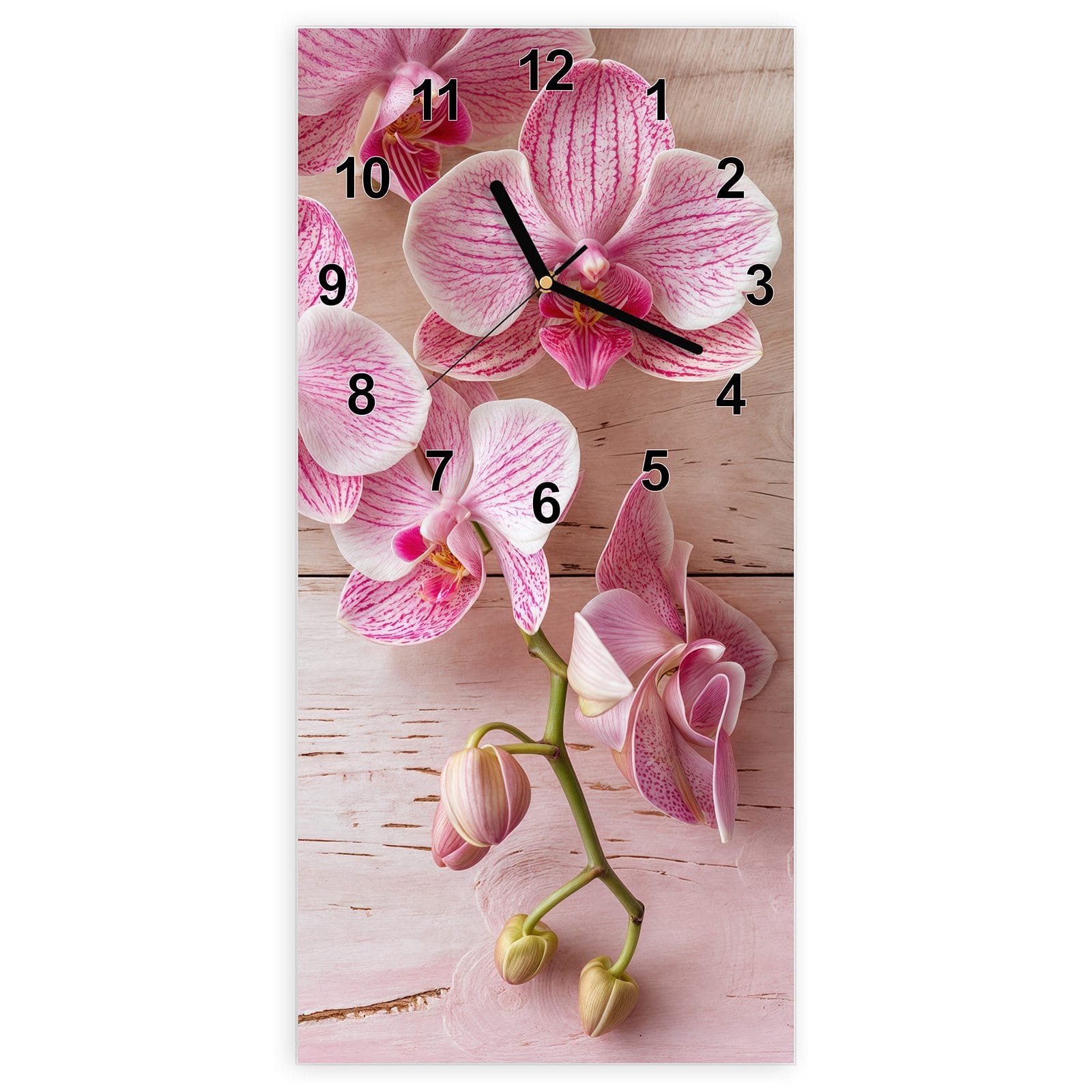 Wanduhr Glasuhr Wandkunst Größe 30 x 60 cm mit Motiv Orchideen_tabletop