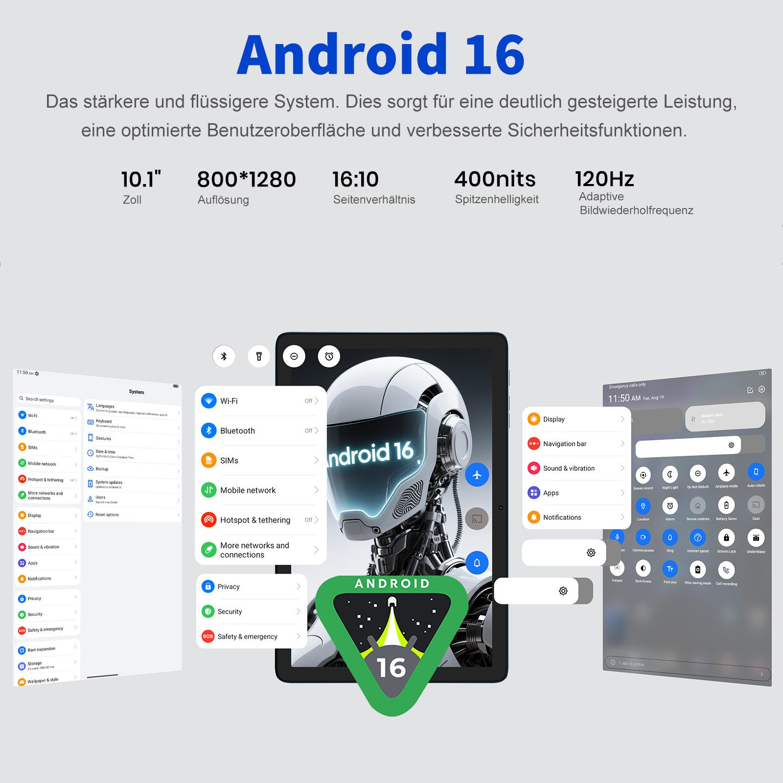 HOTWAV Pad 13 Pro Tablet mit tastatur+ Maus + Stylus, Android Tablet (10,1 Zoll 120Hz Display", 256 GB, Android 16, 2.4G+5G WLAN GMS, Tablets PC 2.4G+5G WLAN GMS/ WidevineL1/ 3.5mm Audio/GPS/Face ID/OTG)