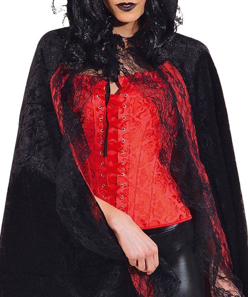 Karneval-Klamotten Vampir-Kostüm Damen Vampir Umhang mit Kapuze schwarz rot Spitze, Vampirin Dracula Kleid Frauenkostüm Halloween Karneval