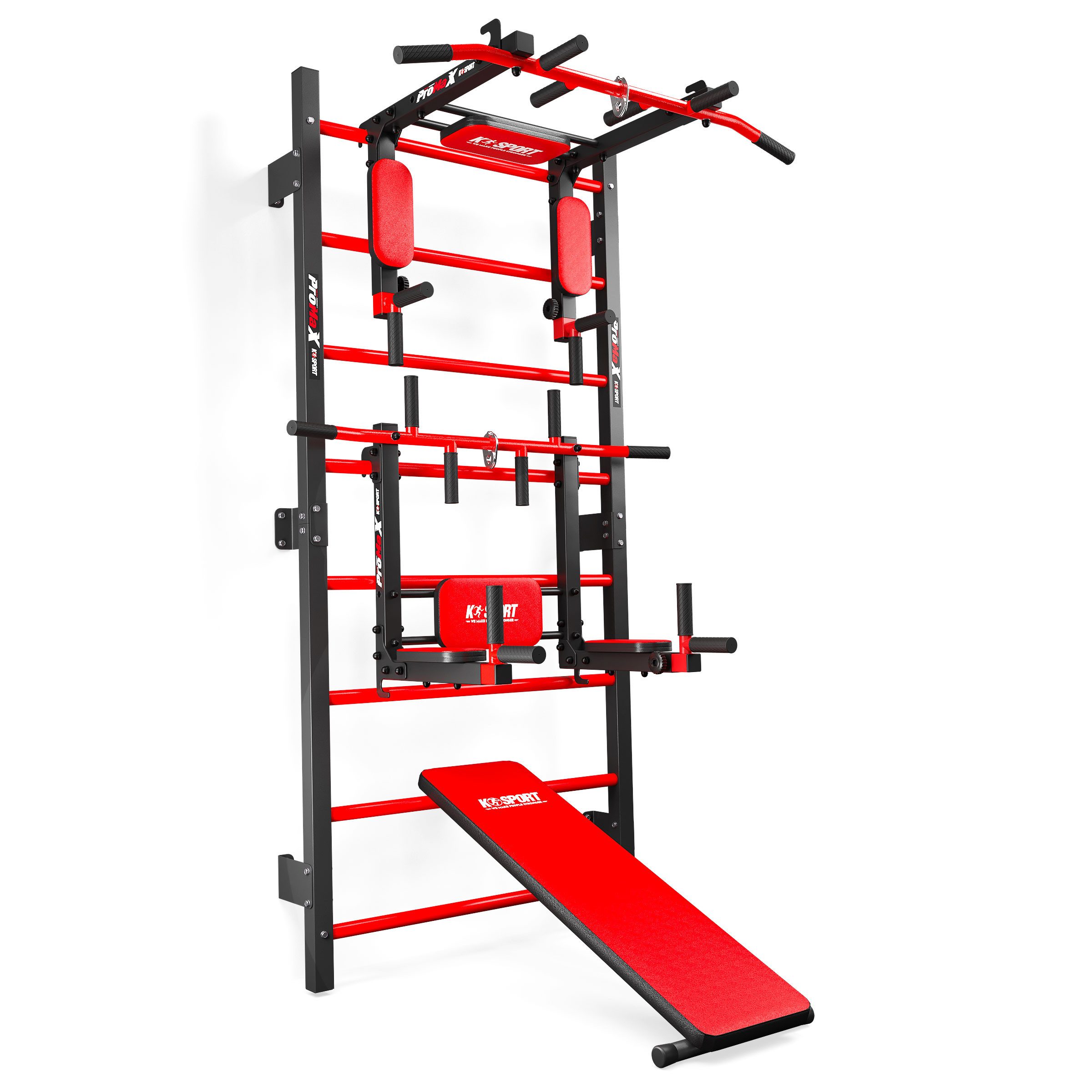 K-SPORT Kraftstation Sprossenwand+Dip Station, Klimmzugstange & Trainingsbank, (TRAININGSSET SPROSSENWAND MIT DIP STATION + KLIMMZUGSTANGE + BANK), Made in EU!