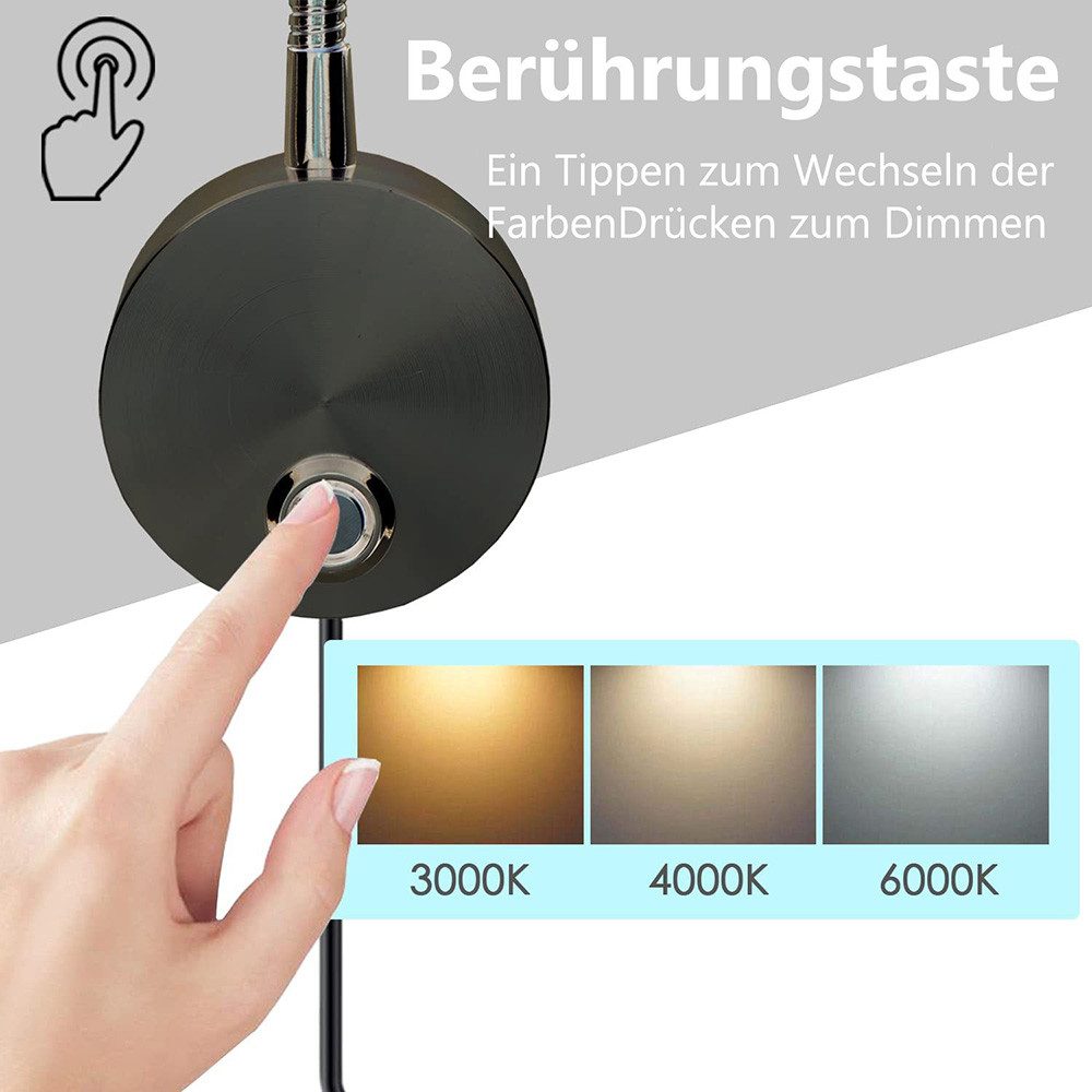 Sunicol LED Leselampe Leselampe Wandmontage, LED Bettlampe mit Schalter Touch Dimmbar, Bett Leselicht 360° Schwenkbar Schwanenhals Lampe für Schlafzimmer