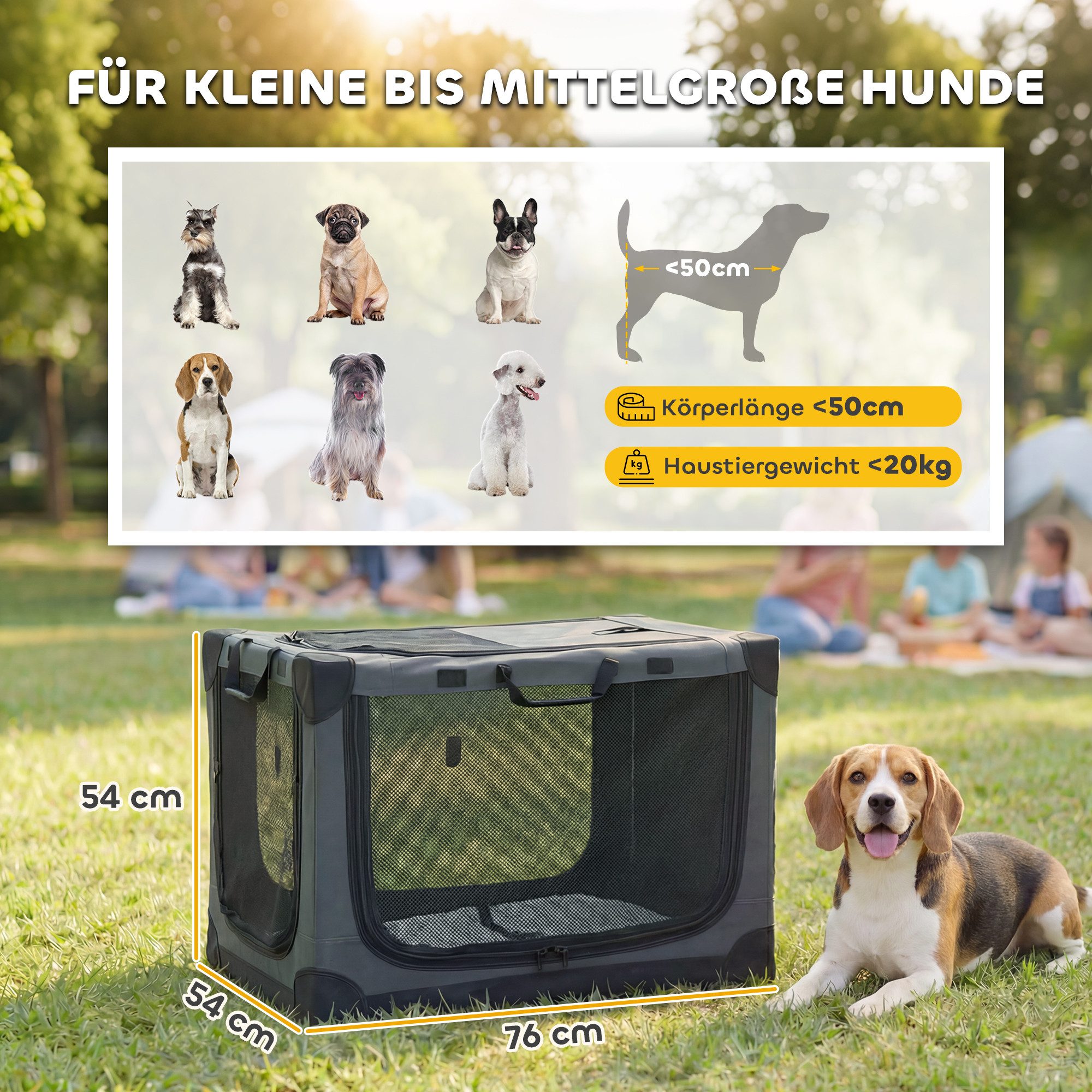 PawHut Tiertransportbox Hundebox faltbar 76x54x54cm Hundetransportbox mit Kissen bis 20 kg, Transportbox aus 600D Oxford-Gewebe für Reise & Auto Armeegrün
