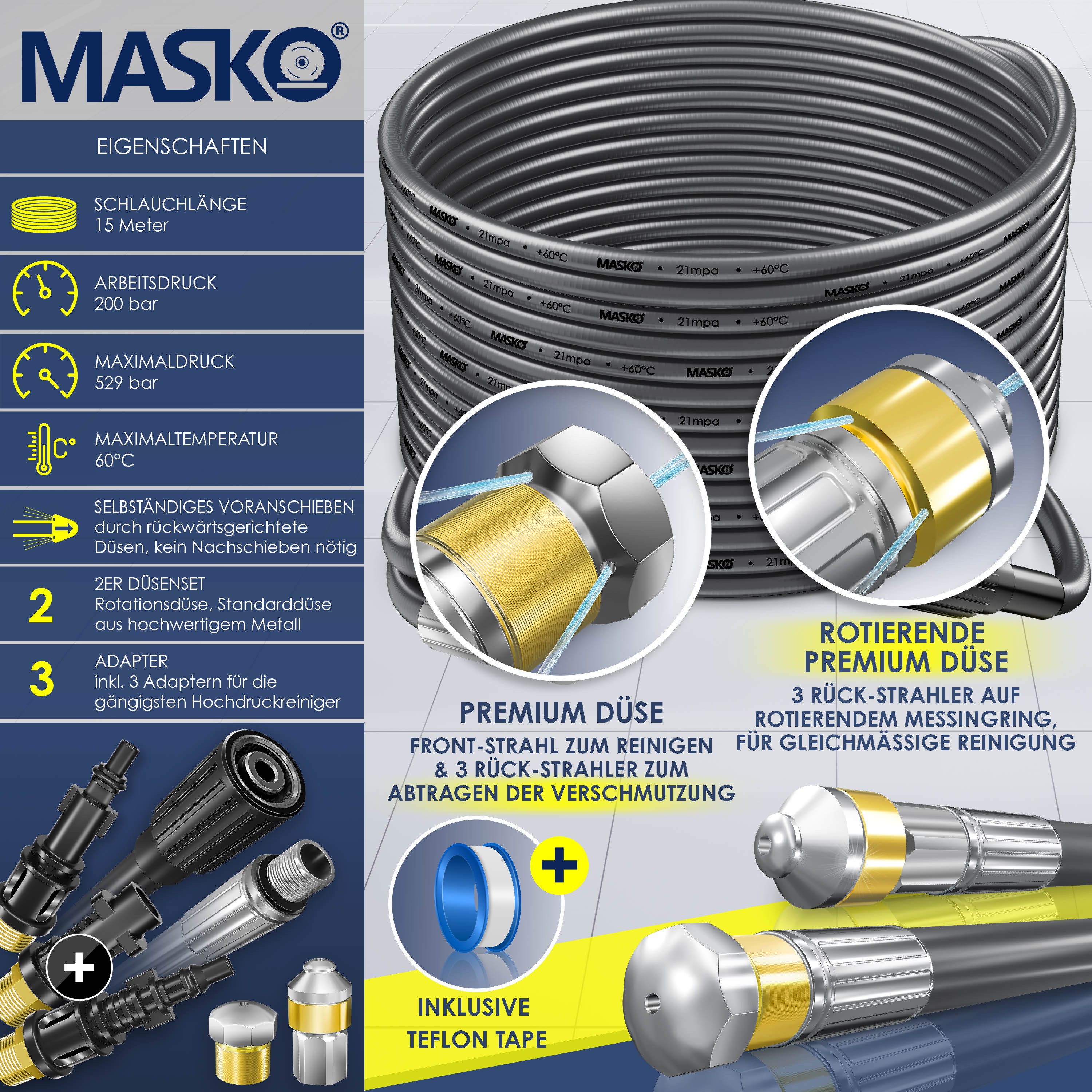 MASKO Hochdruckschlauch, Premium Rohrreinigungsschlauch Set Abflussreiniger 200 bar