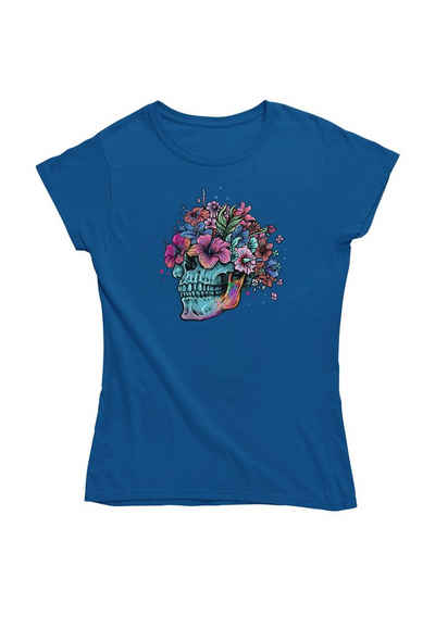 Novux T-Shirt Flourish Skull Damen Tshirt farbe Blue (1-tlg) aus Baumwolle