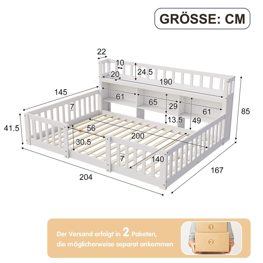 Simurq Kinderbett Bodenbett 140x200 cm, Massivholzbett mit Rausfallschutz & Lattenrost (1-tlg, Montessori Bett 140x200 mit Stauraum), Jugendbett, Bettrahmen aus – Bild 2 von 5