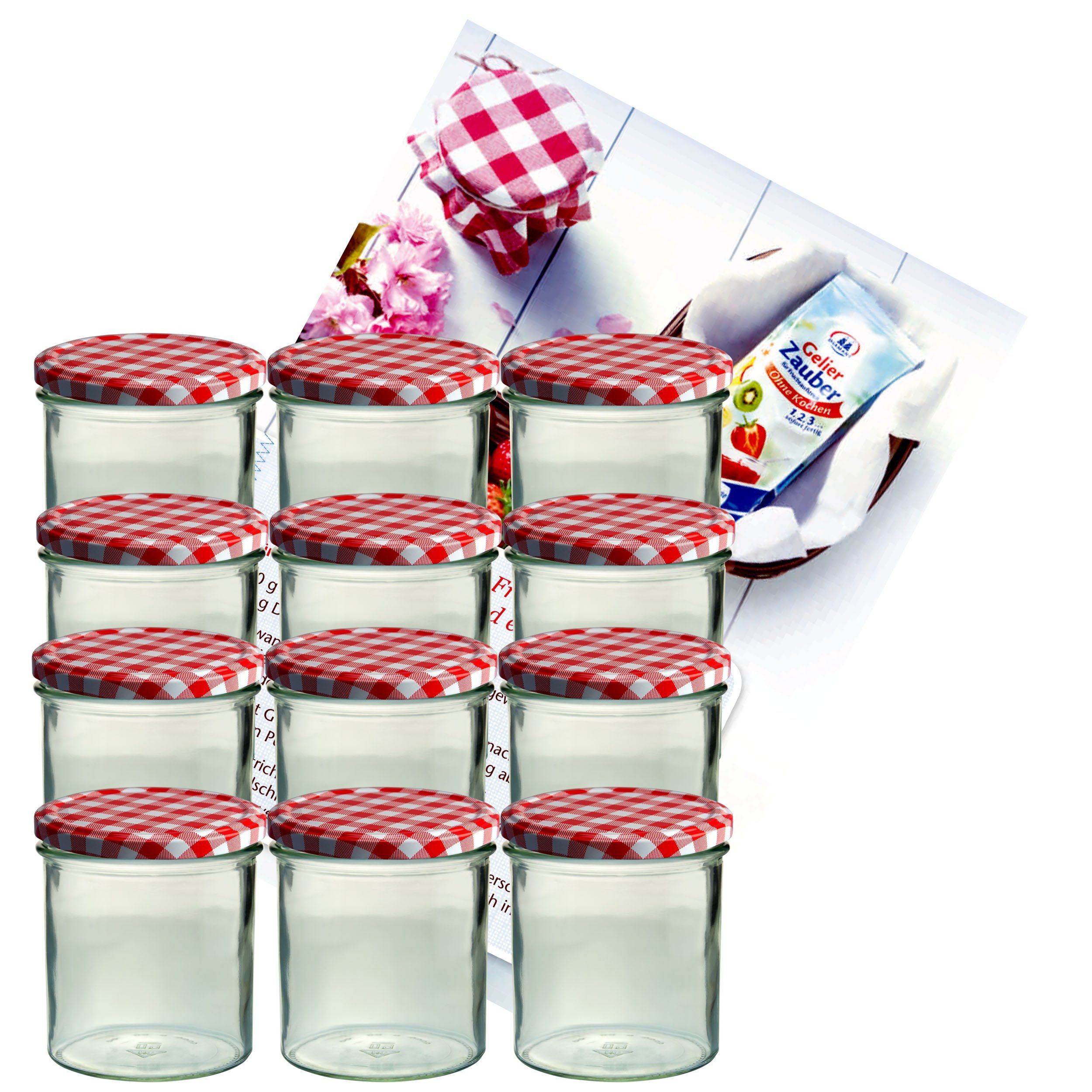 MamboCat Einmachglas 12er Set Sturzglas 350 ml Marmeladenglas To 82 rot karierter Deckel, Glas