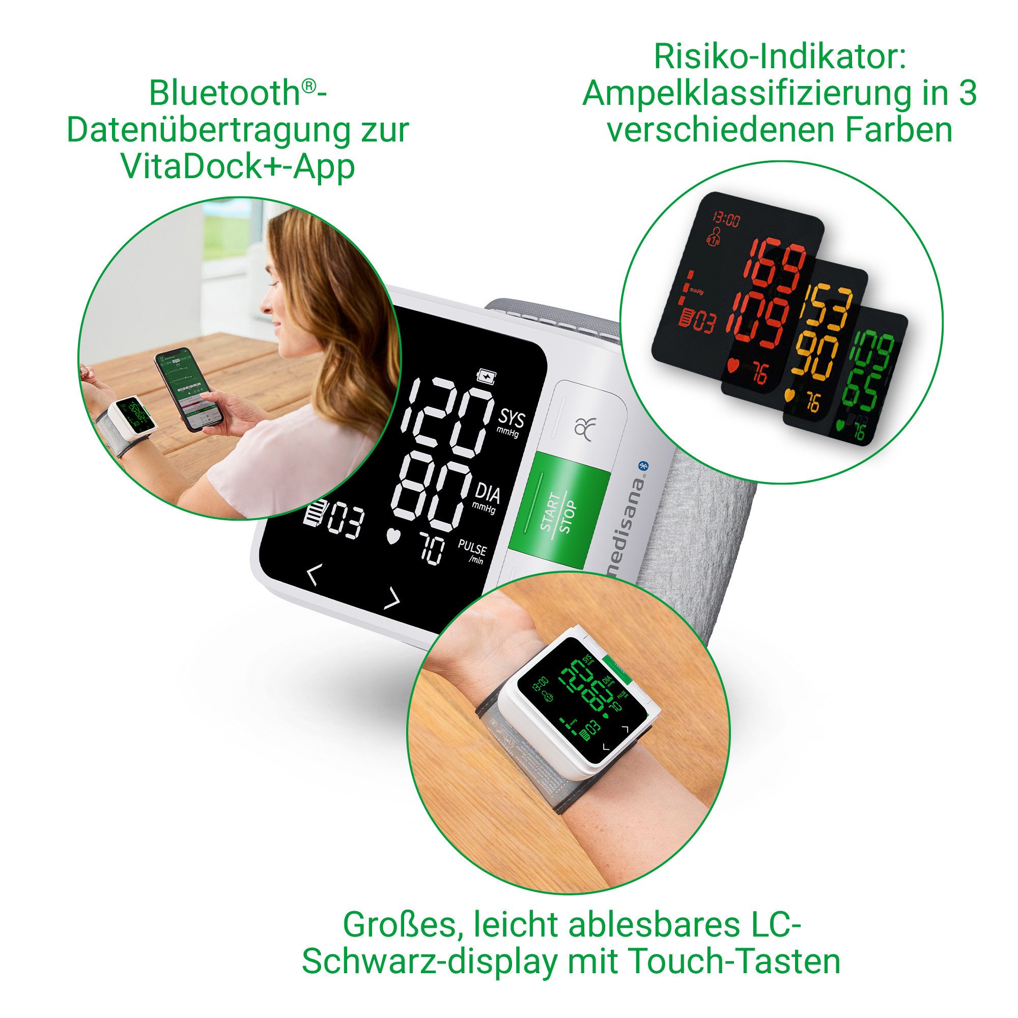 medisana Handgelenk-Blutdruckmessgerät BW 360, zert. Medizinprodukt, Farbskala, je 199 Speicherungen für 2 Benutzer