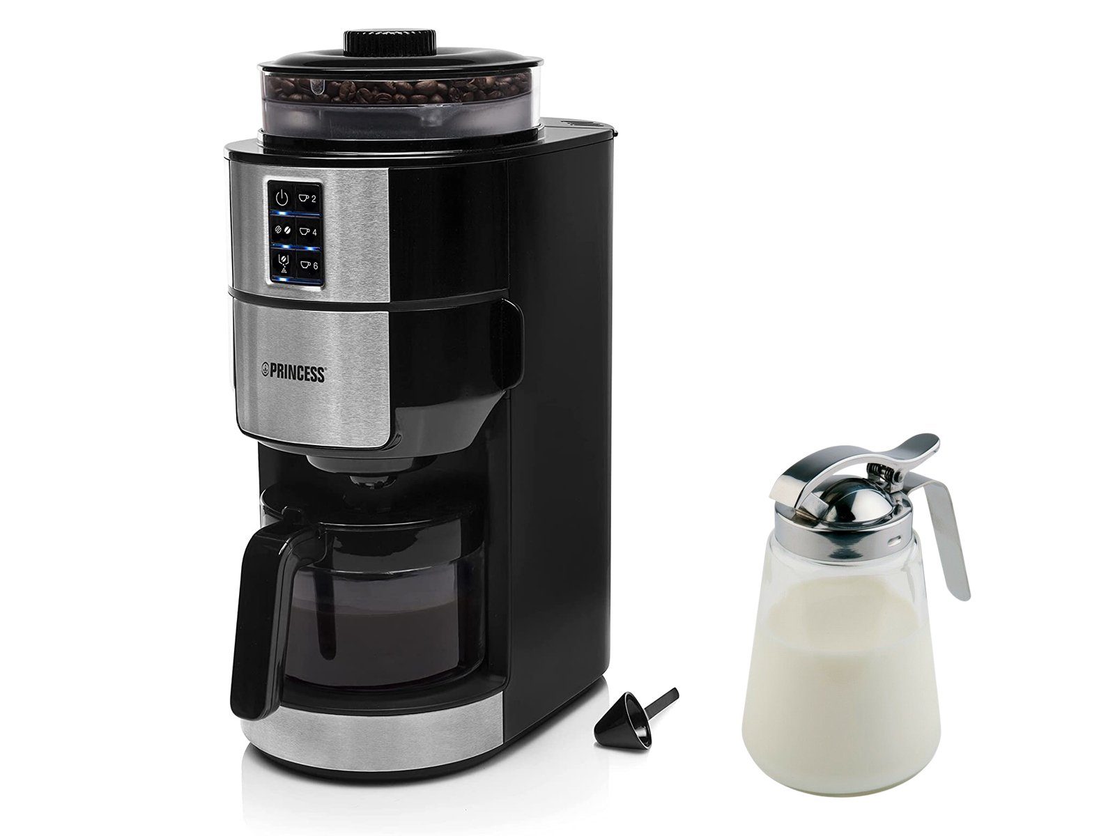 PRINCESS Filterkaffeemaschine, für 6 Tassen mit Mahlwerk für Bohnen &  abnehmbarem Wassertank