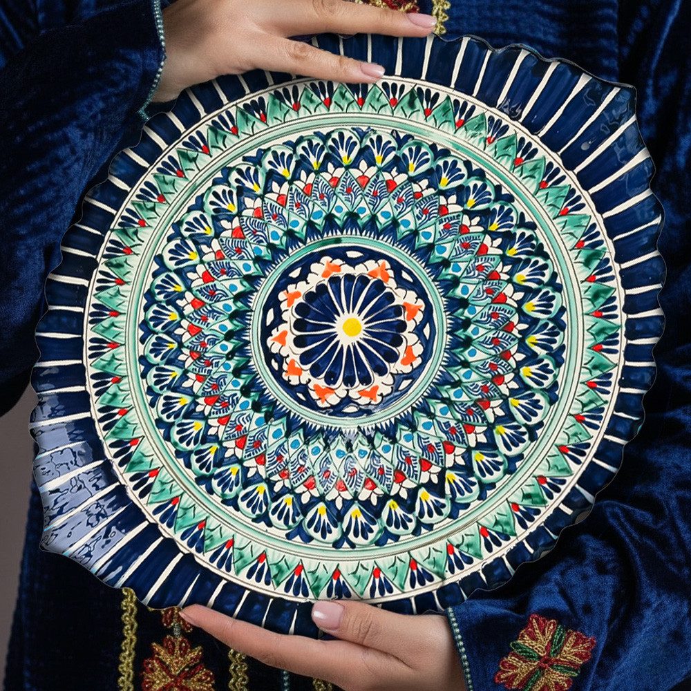 Servierplatte Lagan oval geschnitzt Mehrob M bunt 42-35 cm Plov Platte Keramik, Keramik, Handarbeit