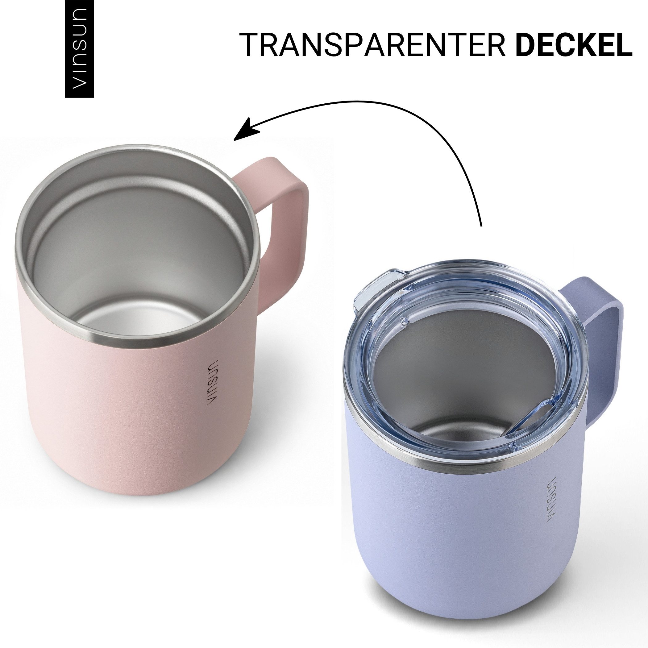 Vinsun Thermobecher Edelstahl Isolierbecher 350ml - Kaffeebecher mit Henkel und Deckel, 2-tlg., Edelstahl, Doppelwandig isoliert, BPA frei, bruchfest, Kalt- und Heißgetränke