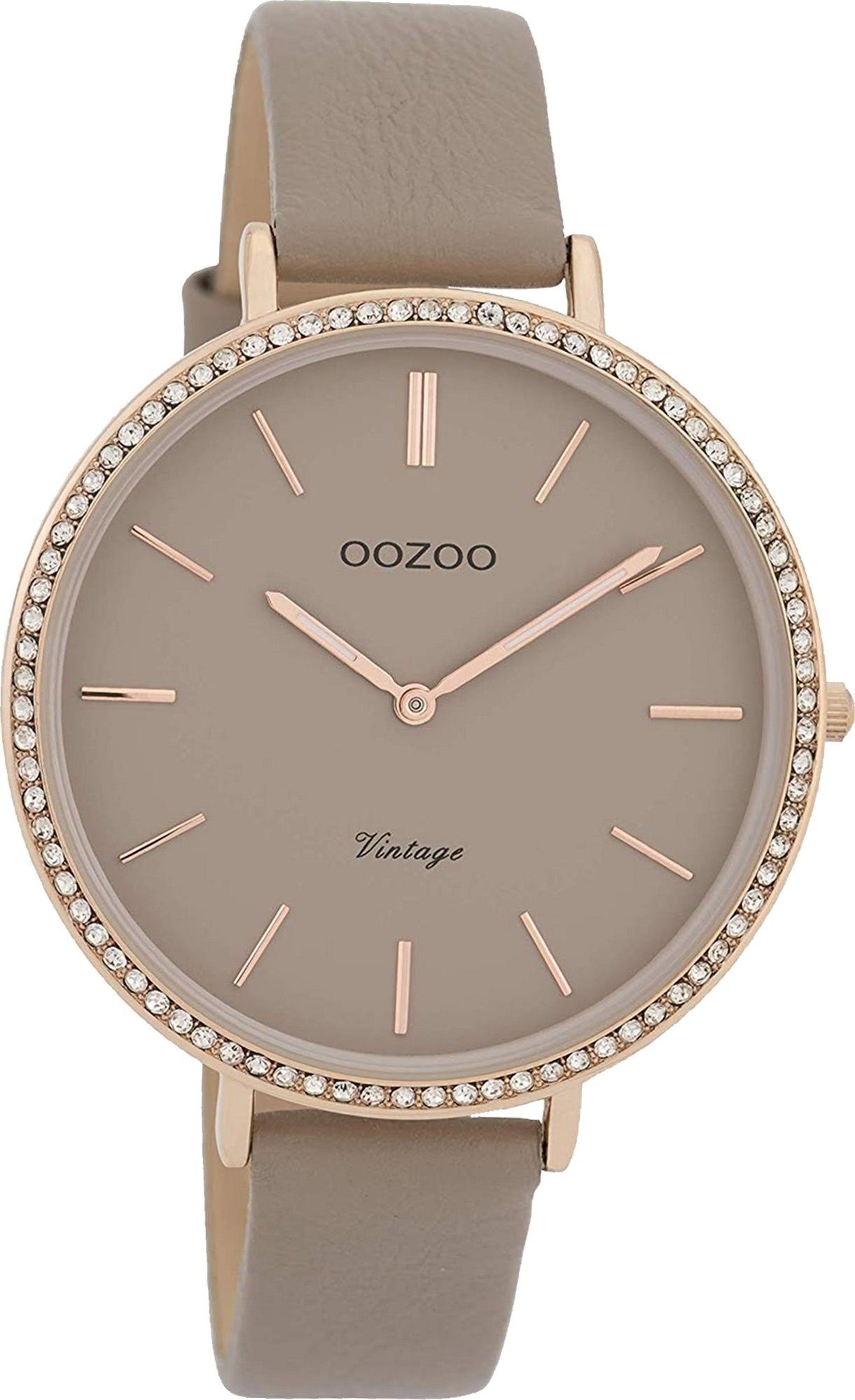 OOZOO Quarzuhr Oozoo Leder Damen Uhr C9801 Analog, Damenuhr Lederarmband braungrau, rundes Gehäuse, groß (ca. 40mm)