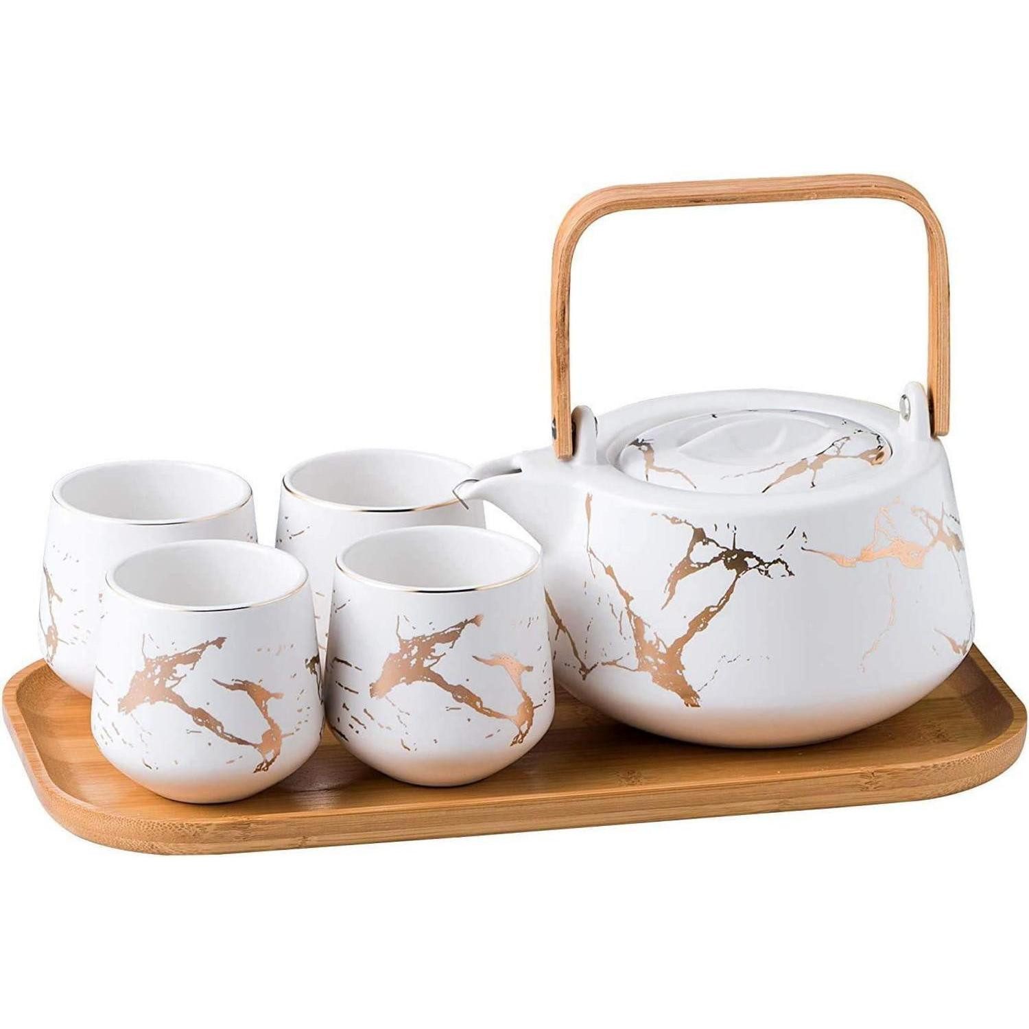 KKGUD Teeservice Japanischer Stil Keramik Teeset mit Teekanne, 4 Teetassen, Holztablett