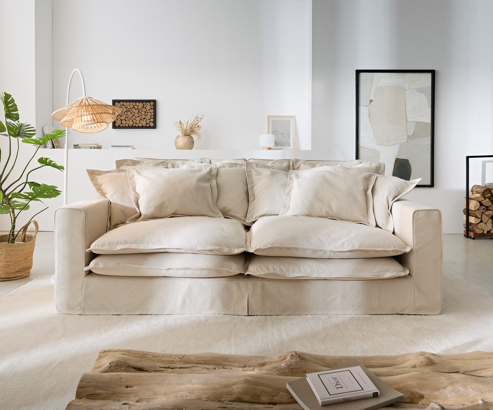 DELIFE Big-Sofa Noelia, Elfenbeinfarben 240x145 cm mit Kissen Hussensofa Sofa Couch