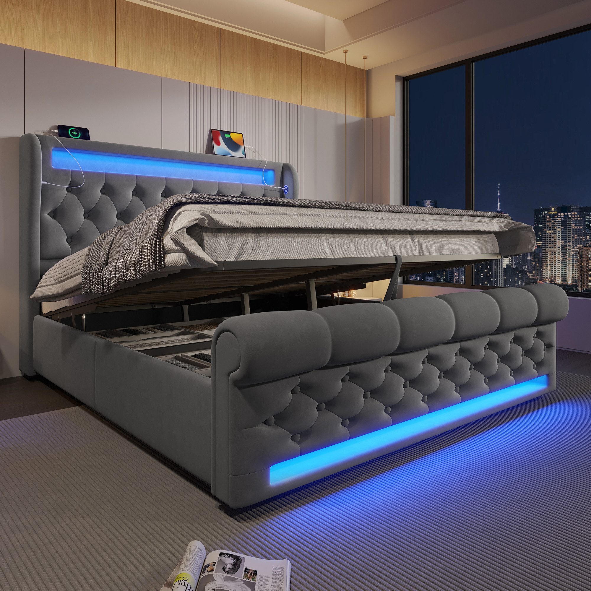 Flieks Polsterbett, Hydraulisches Stauraumbett 160x200cm mit LED Beleuchtun günstig online kaufen