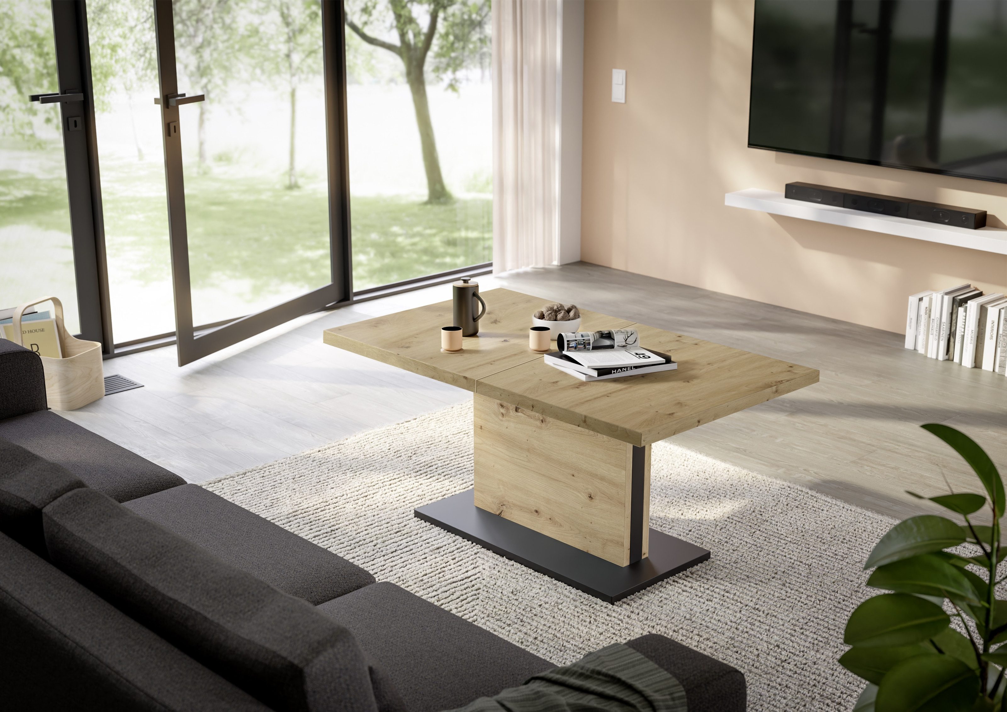 freiraum Couchtisch Lift, ausziehbar, Asteiche Dekor / schwarz - 120/160x56/75x70cm (BxHxT)