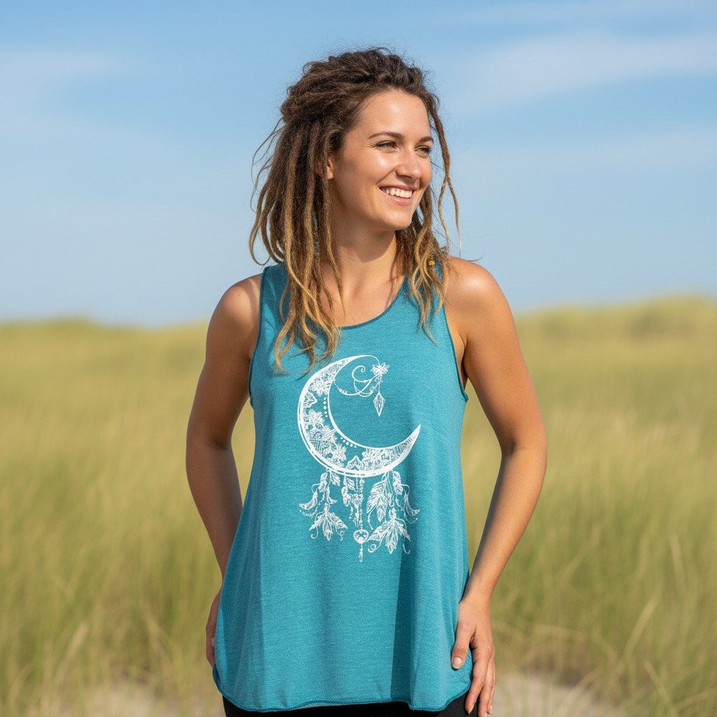 Guru-Shop T-Shirt Tanktop mit Ethnodruck, Mond Yogatop - petrol Hippie, alt günstig online kaufen