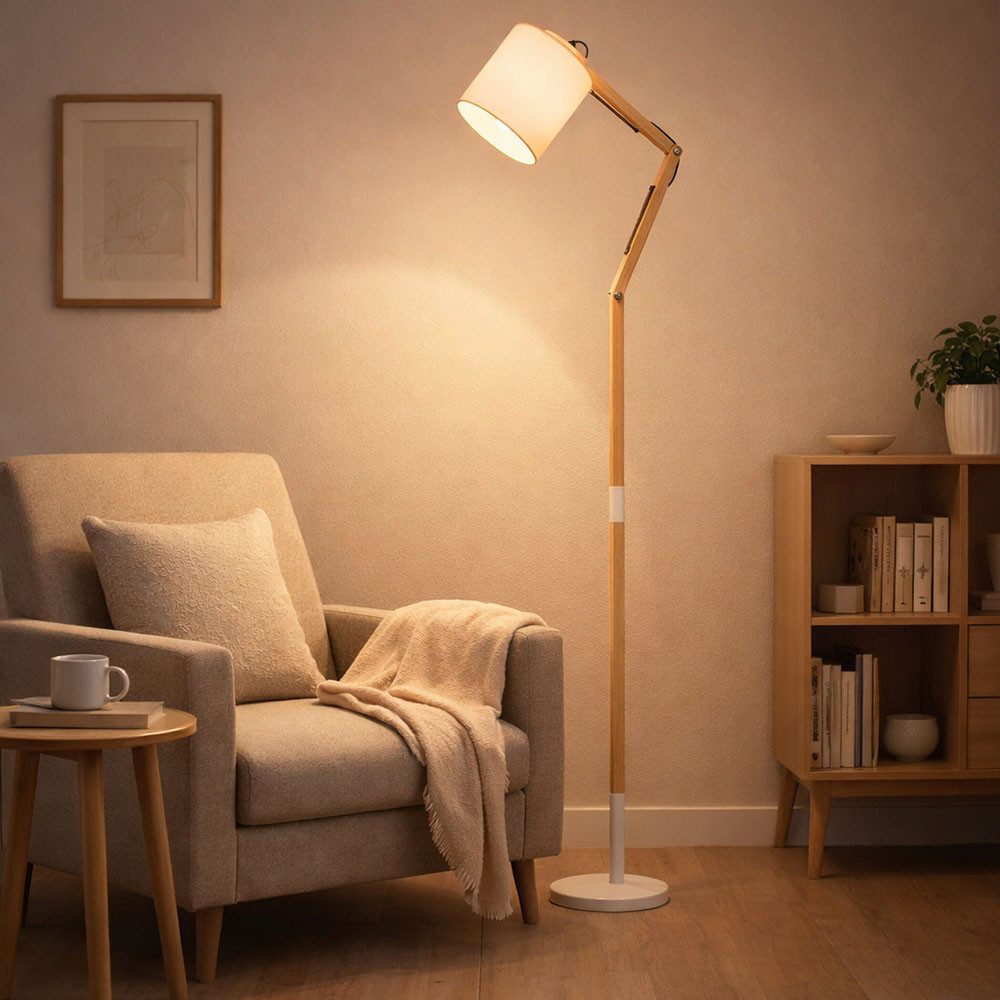 GLOBO LIGHTING Stehlampe, Leuchtmittel nicht inklusive, Stehlampe Stehleuchte Holzlampe Textil weiß Gelenke beweglich H 172 cm