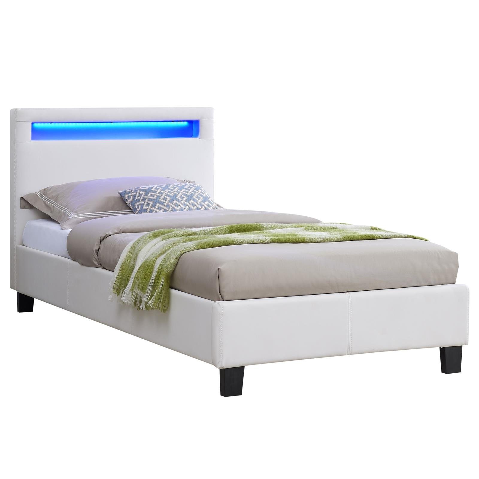 CARO-Möbel Polsterbett MANDALAY, Polsterbett Einzelbett Jugendbett Bettgestell mit LED 90 x 200 cm