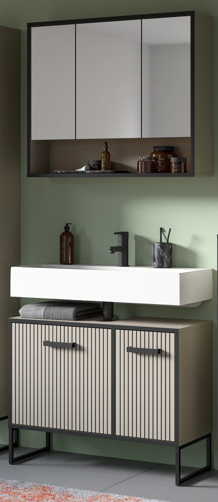 Inn.Furn Badmöbel-Set Scana, (in Sand mit schwarz, Breite 80 cm, 2-St., Waschbeckenunterschrank und Spiegelschrank), mit Soft-Close-Funktion