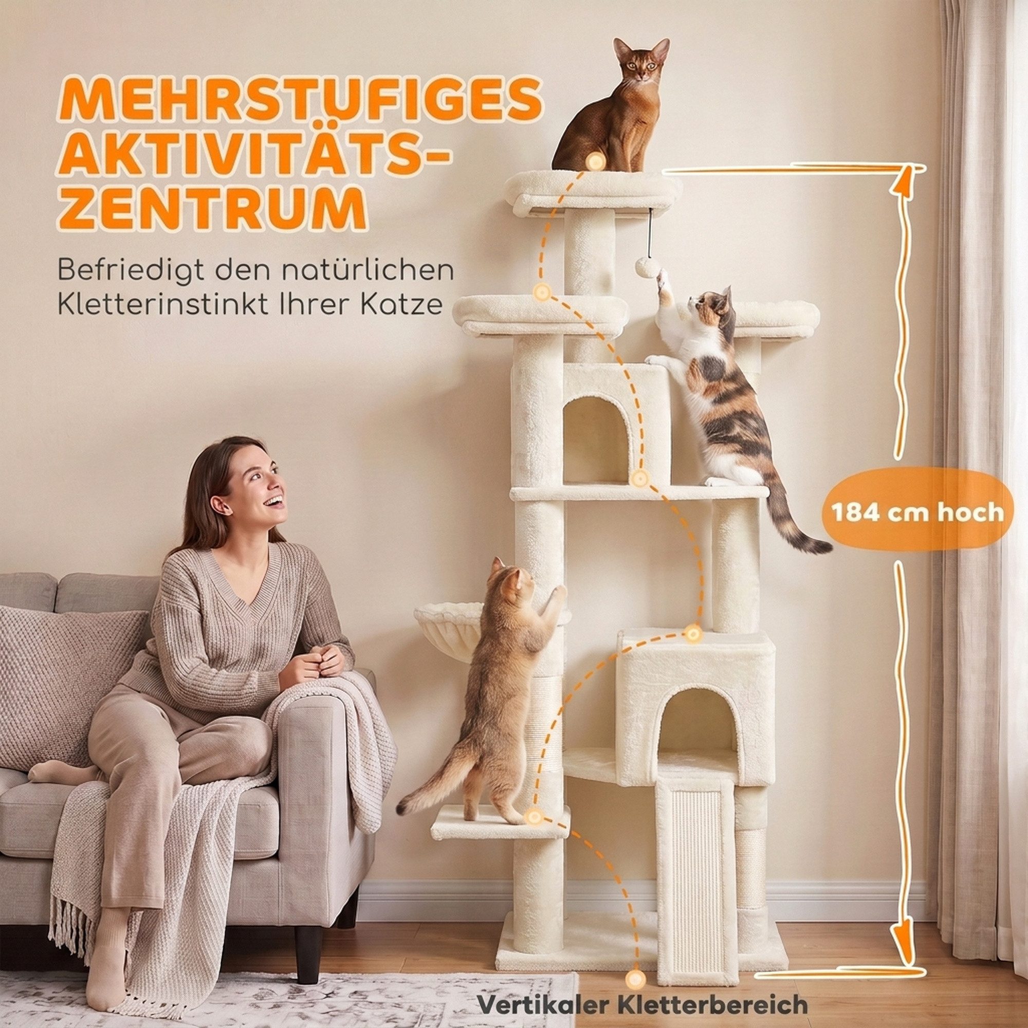 PawHut Kratzbaum Groß 184 cm hoch Katzenbaum mit 3 Dicke Kratzstämmen 2 Höhlen, für 1-3 Katzen unter 6 kg Beige – Bild 4 von 5