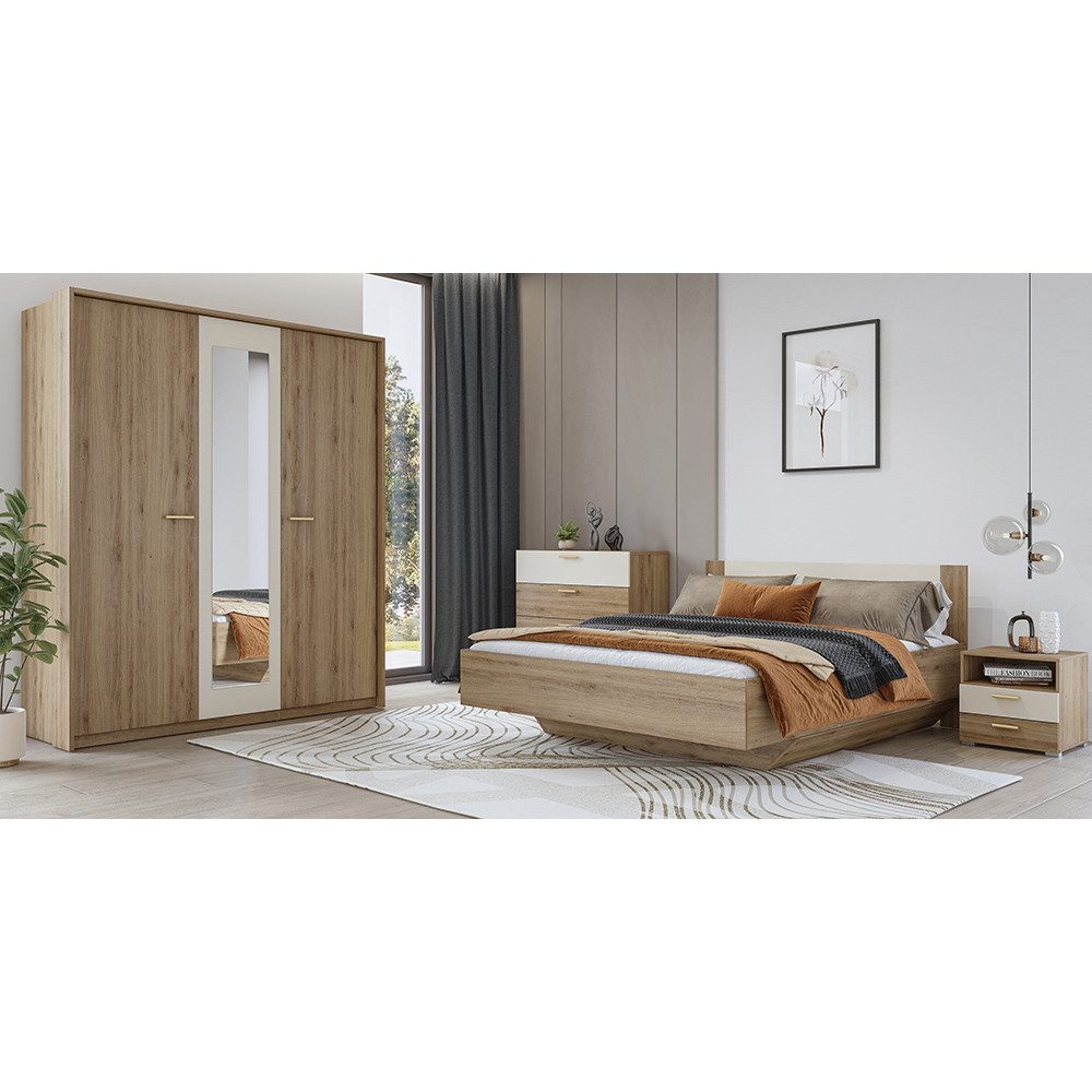 Lomadox Schlafzimmer-Set VARESE-83, (Spar-Set, 4-tlg., Kleiderschrank Bettgestell klappbarer Lattenrost Kommode Nachtkommode), Eiche mit beige inkl. Bettkasten 160x200cm Liegefläche