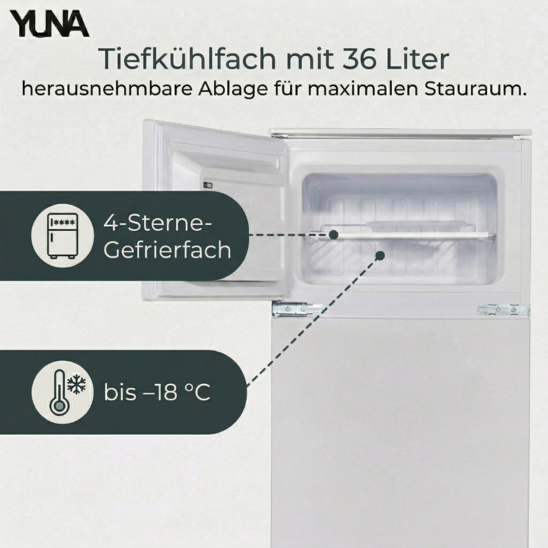 YUNA Einbaukühlschrank Fedora EKG225E, 145 cm hoch, 54 cm breit, Schlepptür wechselbarer Türanschlag Gefrierkombi LED Beleuchtung – Bild 4 von 5