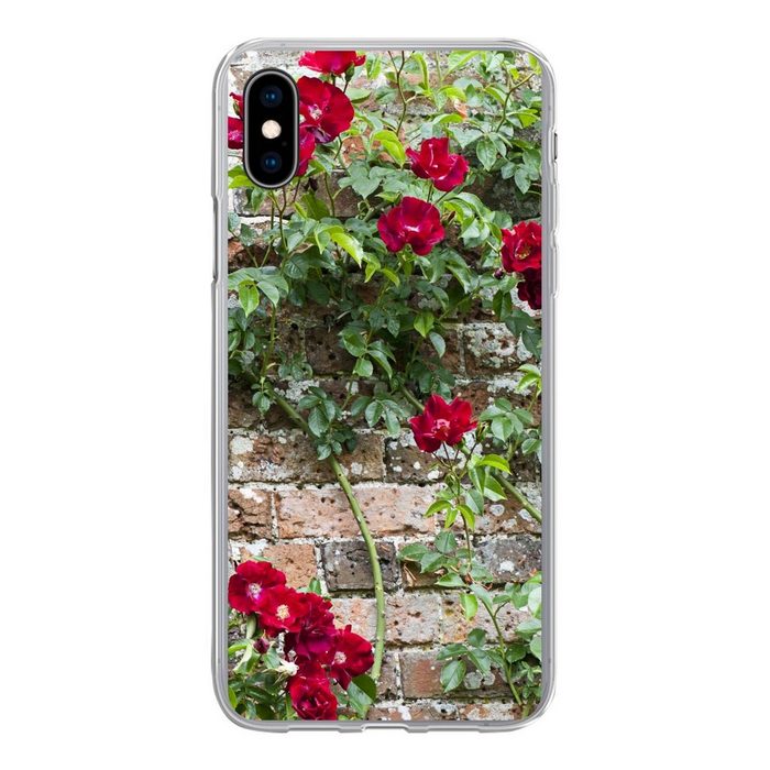 MuchoWow Handyhülle Kletterpflanze mit roten Blüten an einer Steinmauer Handyhülle Apple iPhone Xs Smartphone-Bumper Print Handy
