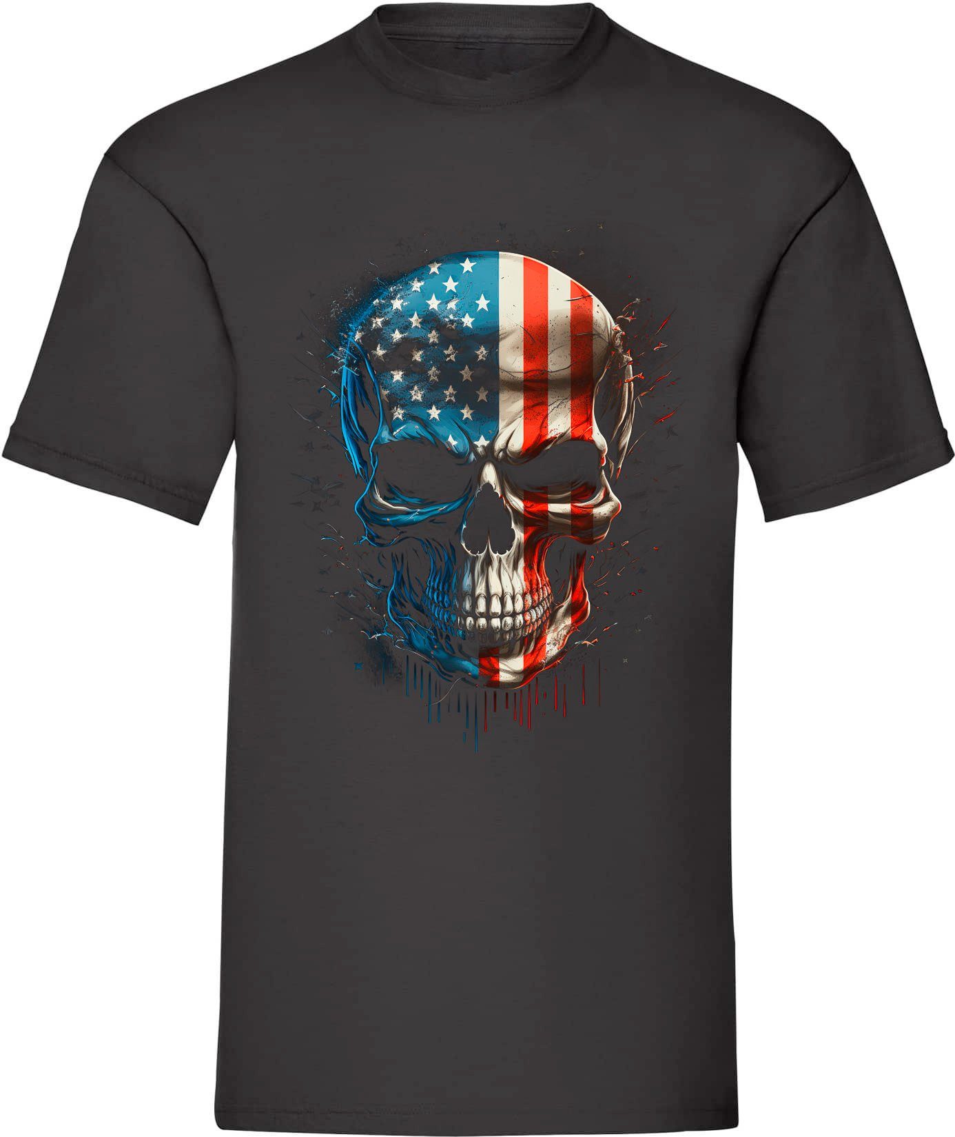 aus Totenkopf Herren mit T-Shirt USA T-Shirt Baumwolle Banco 100% (30) Schwarz Aufdruck