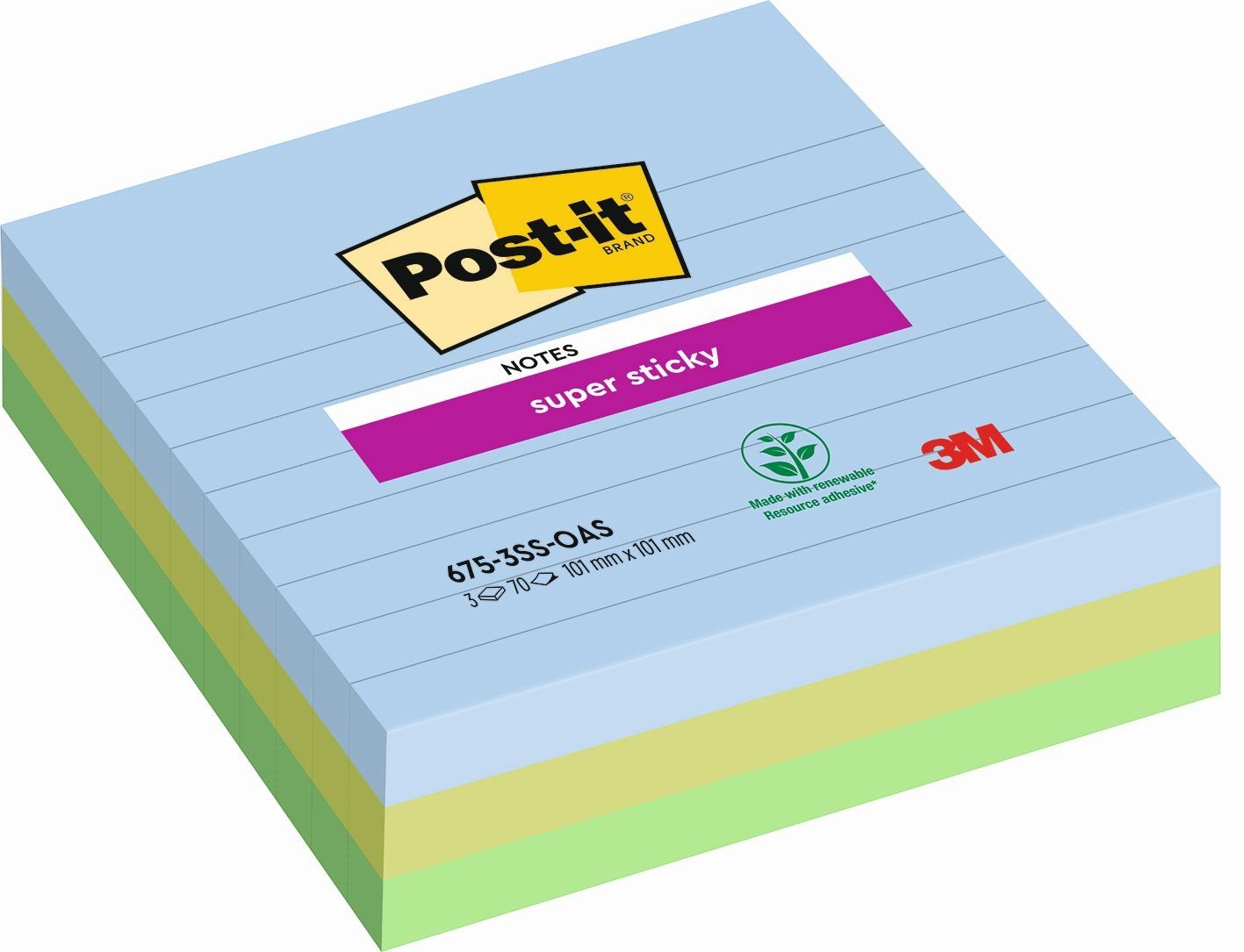 Haftnotizblock Post-it® Super Sticky Oasis Haftnotizen extrastark farbsortiert 3 Blöc