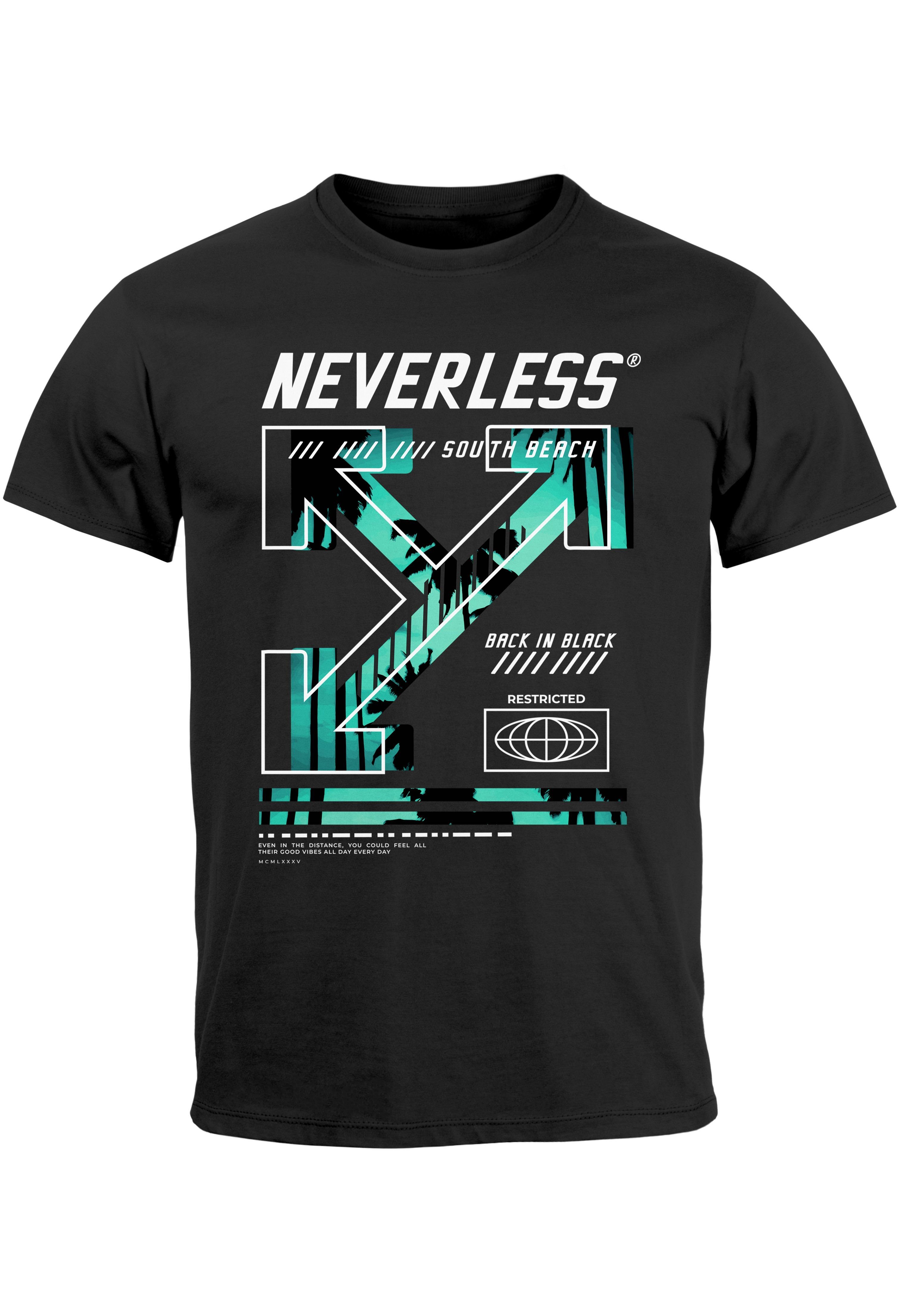 Neverless Print-Shirt Herren T-Shirt Text Print Aufdruck South Beach Techwear Fashion Street mit Print schwarz