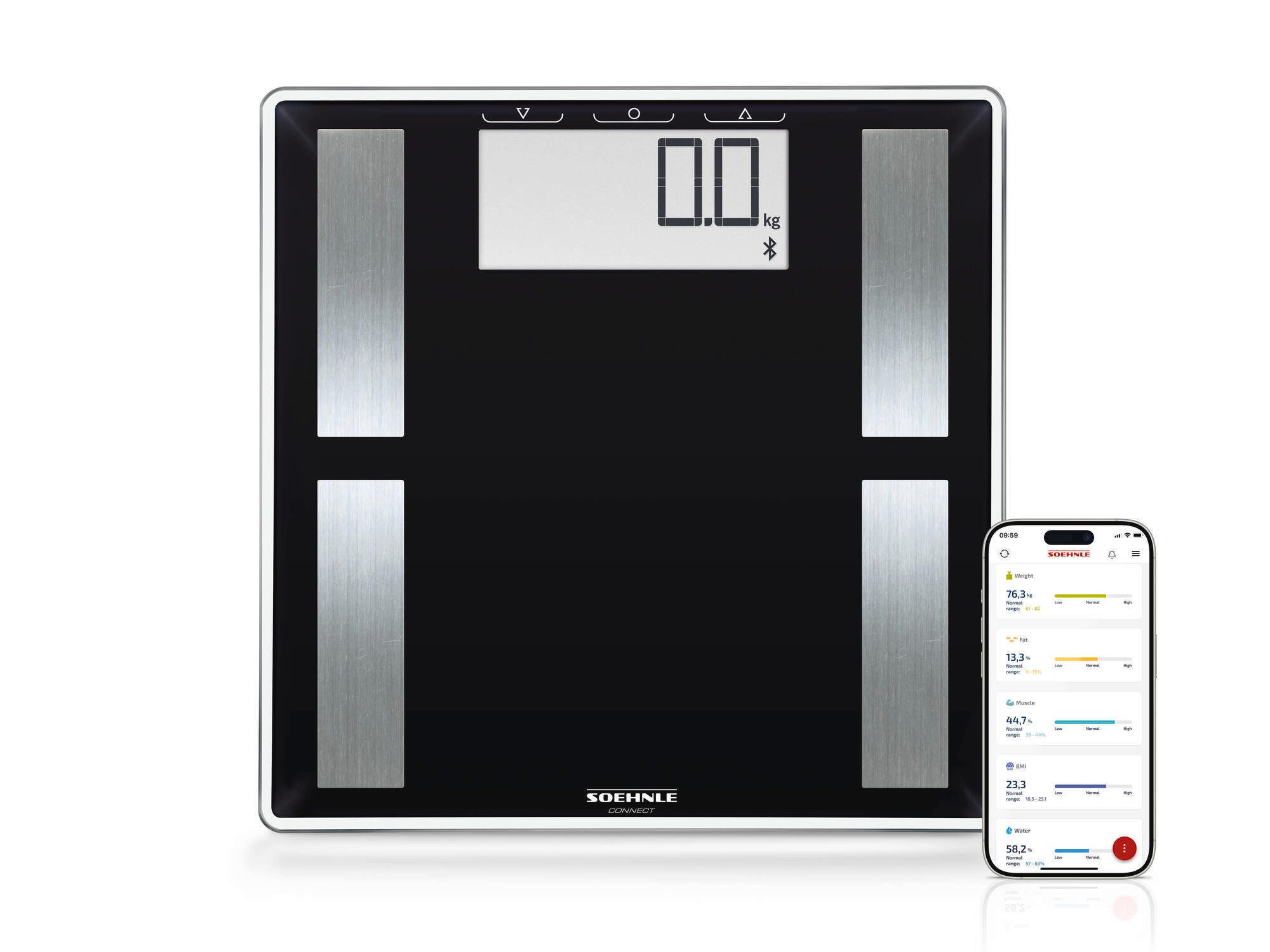 Soehnle Körper-Analyse-Waage Shape Sense Connect 50 mit Bluetooth®, 1-tlg., Körperanalyse (BIA), BMI Berechnung, bis 180kg, für bis zu 8 Personen