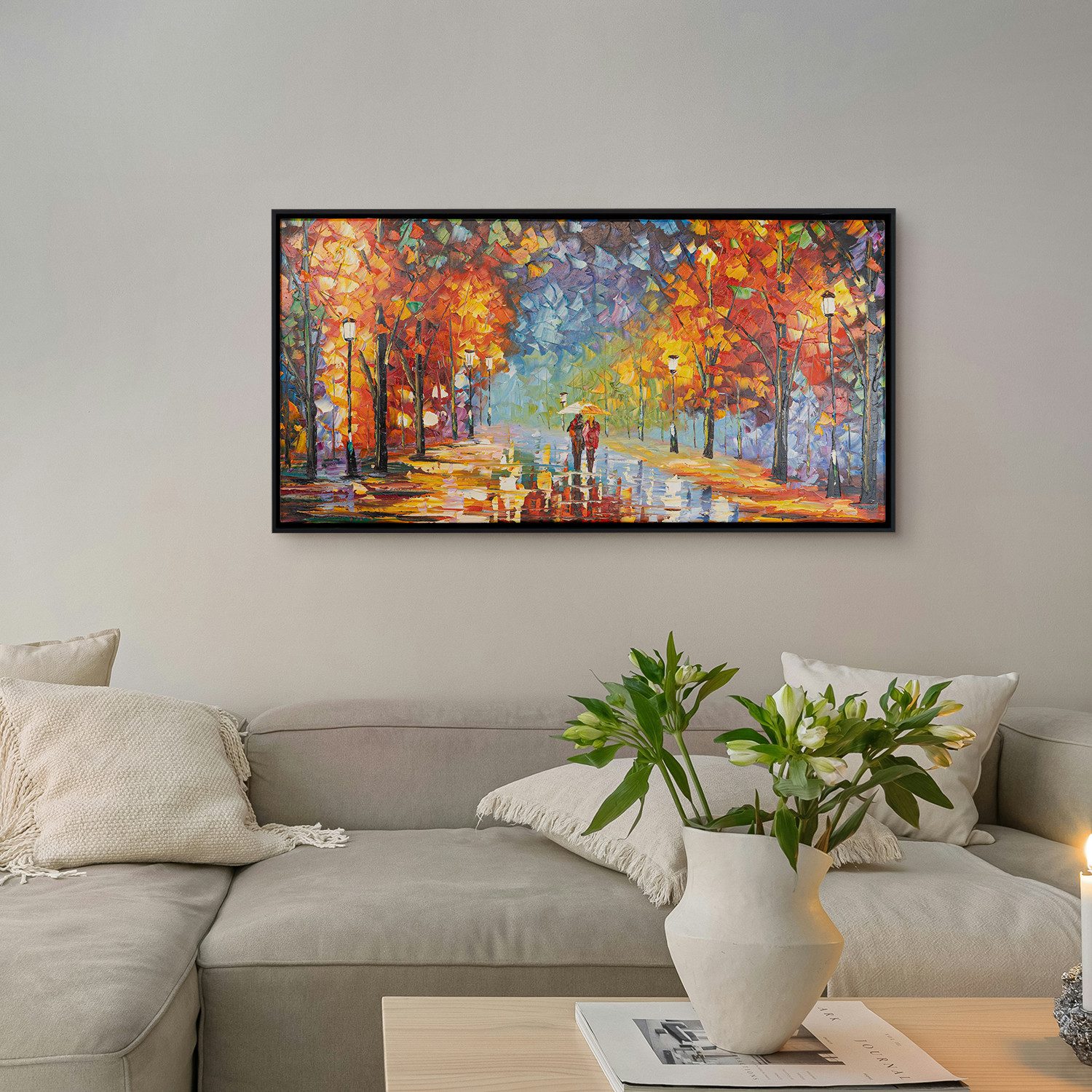AUREDAS Gemälde "Der Weg des Lichts", Gemälde, 100x50cm, Rahmen schwarz, Urban, Gemälde mit Strukturpaste und Acrylfarbe, Panorama Format