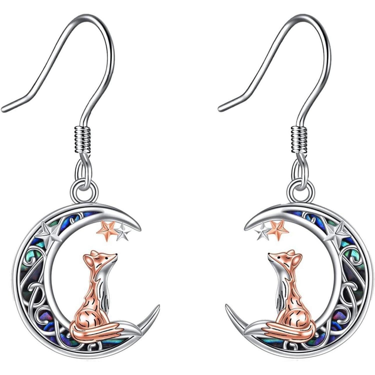 LuxusKollektion Ohrring und Ketten Set Fuchs Mond Ohrringe Silber Abalone Muschel Tier Schmuck