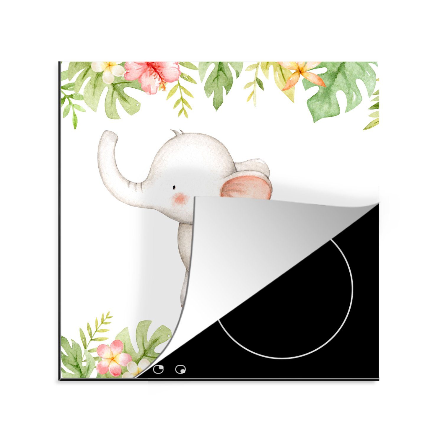 MuchoWow Herdblende-/Abdeckplatte Elefant - Aquarellfarbe - Blumen - Pflanzen, Vinyl, (1 tlg), 78x78 cm, Ceranfeldabdeckung, Arbeitsplatte für küche