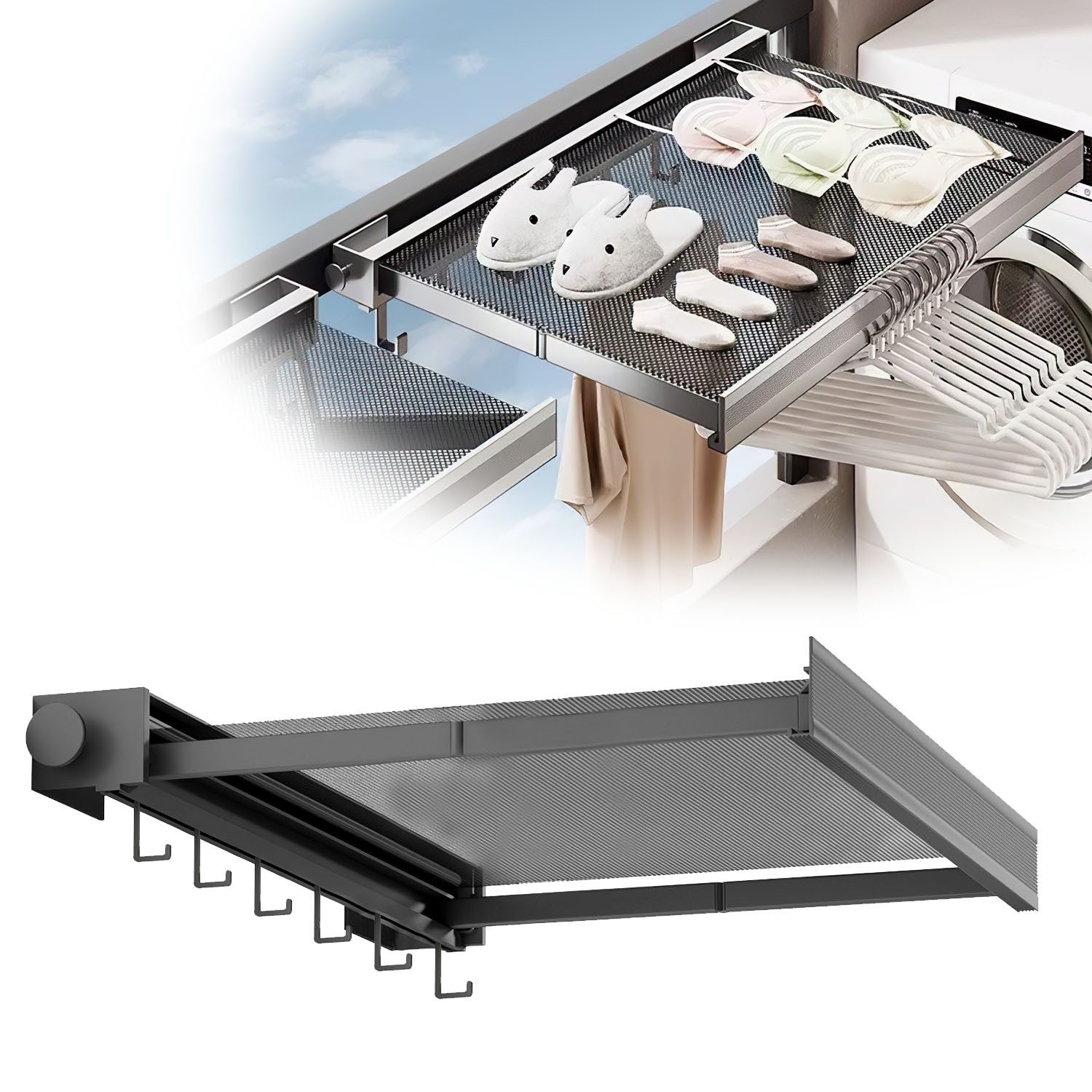 Refined Living Handtuchhaken Wandhaken Handtuchhalter Einziehbarer mit 6 Hakens Wandwäschetrockner, (Ohne Bohren Hakenleiste Garderobenhaken Wandgarderobe Klebehaken, 1-St., Haken für Badezimmer, Duschen, Badewannen, Kleiderschrank, Balkon), Socken trocknen Netzgewebe, Kleidung verformt sich nicht, Aluminium