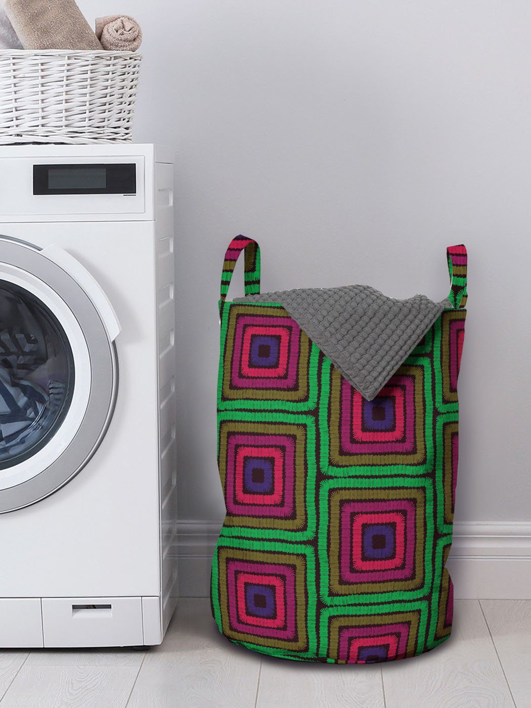 Abakuhaus Wäschesäckchen Wäschekorb mit Kordelzugverschluss für Grün Motiv Griffen Folk Oriental Geometrische Waschsalons