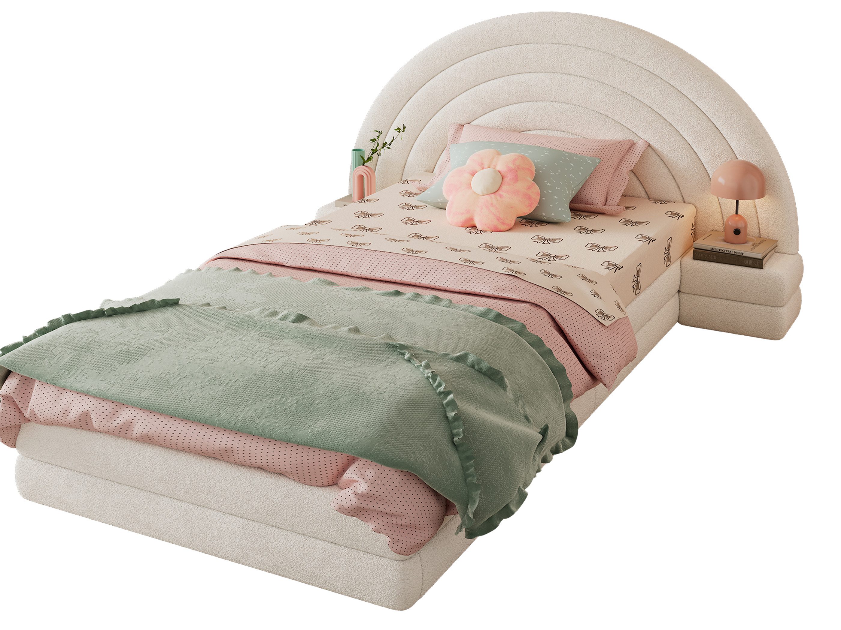 SeedWave Polsterbett Teddystoff Kinderbett mit Regenbogen-Kopfteil, 2 Nachttischen,90x200cm, Bodenstehendes Einzelbett mit Anti-Rutsch-Pads