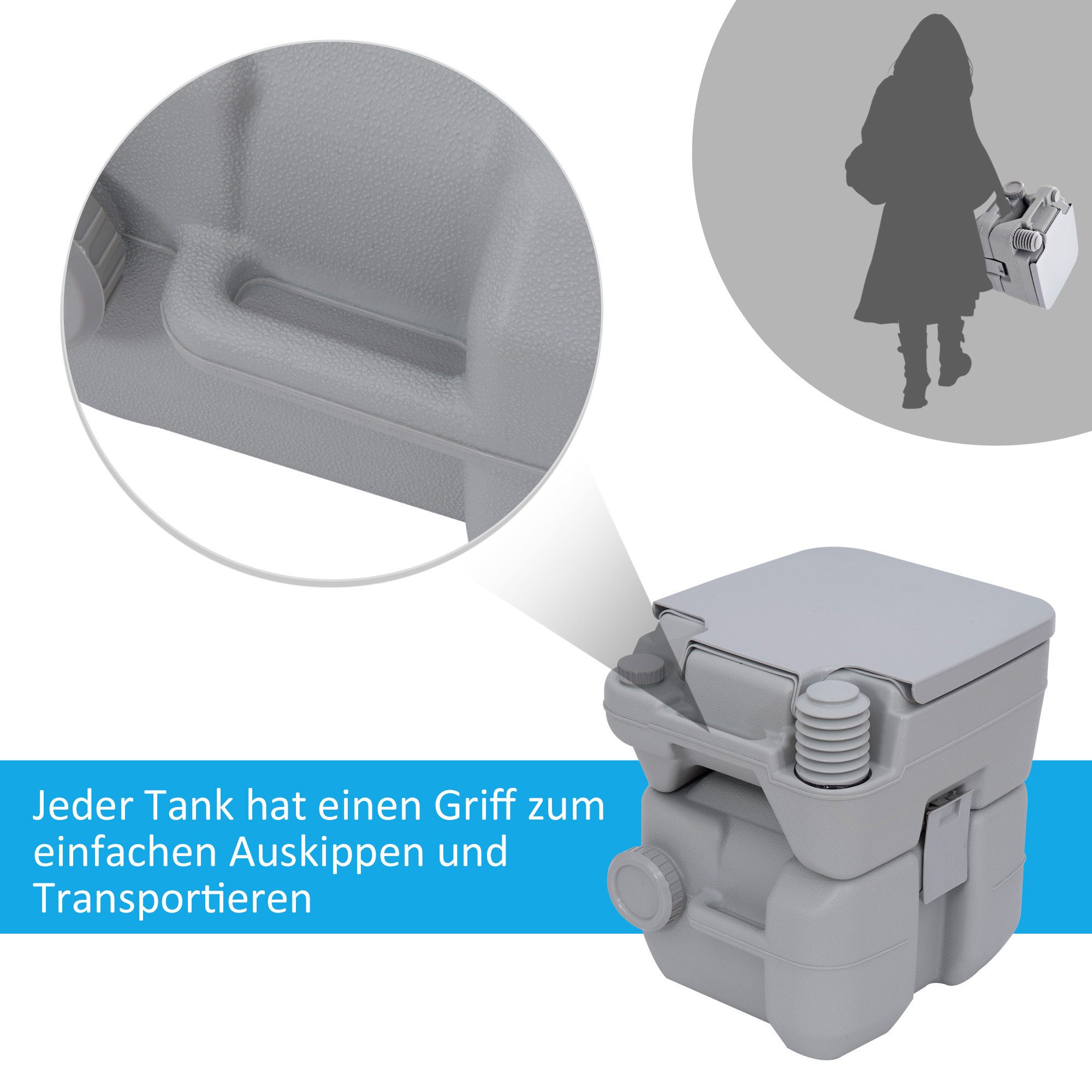 Outsunny Campingtoilette 20L mit Spül- und Abwassertank, (Camping WC, 1-St., Mobil-WC), für Camping, Wandern, Reisen, Angeln, Grau