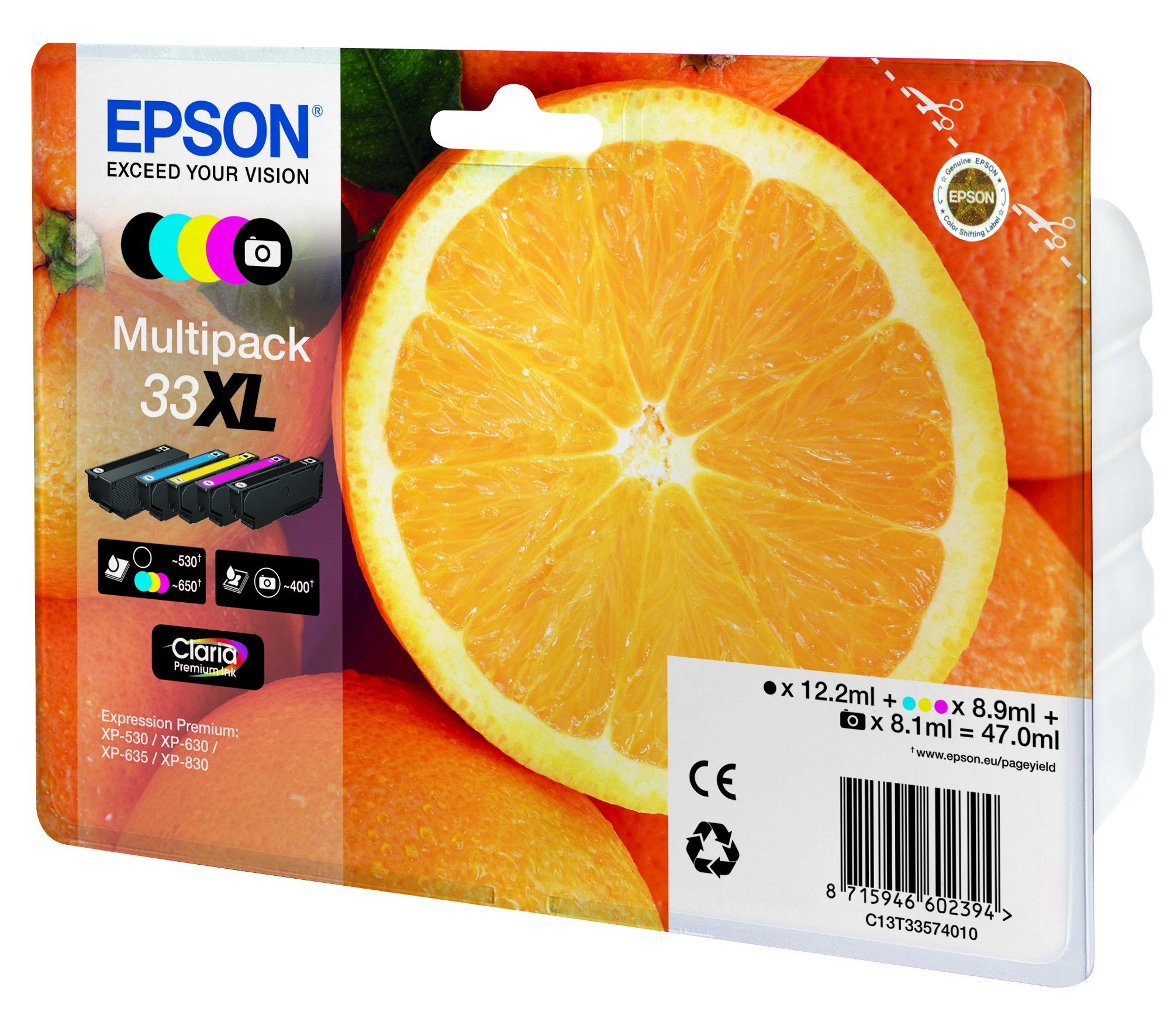 (Foto), Claria Tintenpatrone Ink 33XL schwarz, magenta, Multipack Oranges gelb cyan, schwarz Epson Epson Premium 5-colours