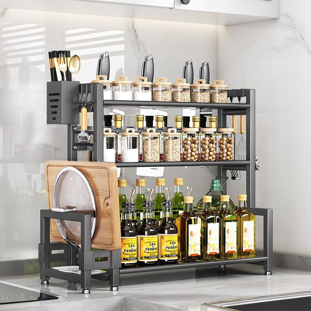 TUWENA Gewürzregal Gewürzregal Stehend, 3 Etagen Großes Kapazität Gewürzdosen Küchenregal, Metall Organizer mit Schneidebretthalter, Utensilienhalter, 6 Haken