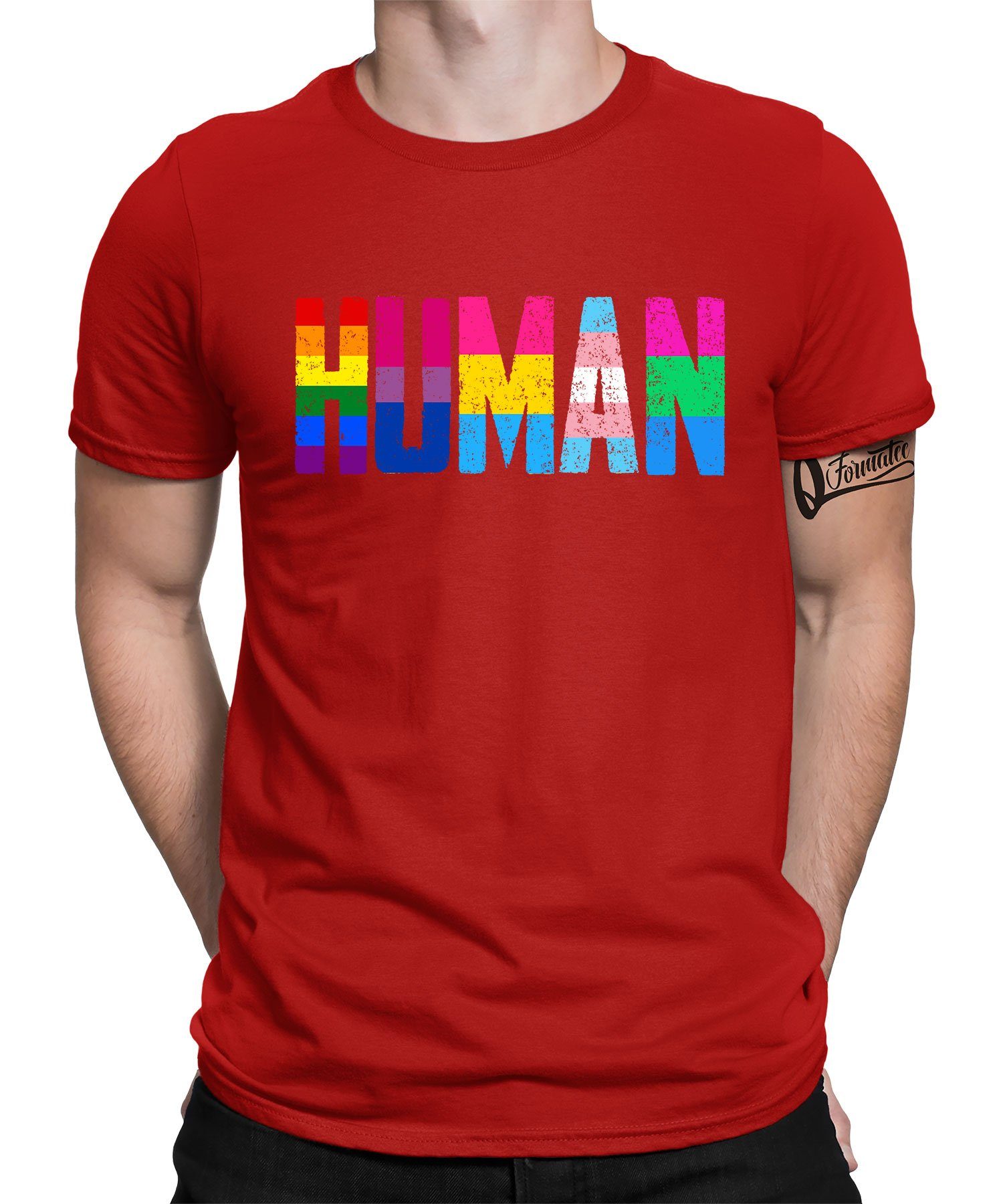 (1-tlg) LGBT Rot Stolz Herren - Quattro Pride Formatee T-Shirt Gay Kurzarmshirt Human Regenbogen