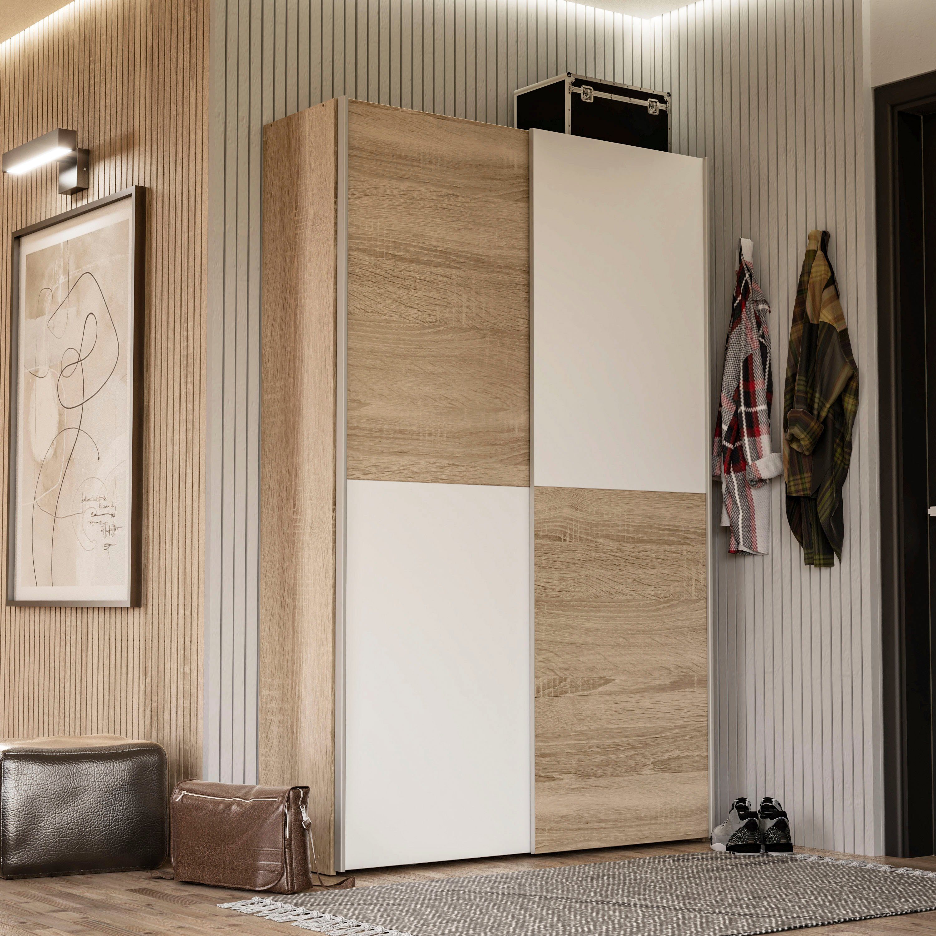 FORTE Wäscheschrank Ozzula, Mehrzweckschrank, Schwebetürenschrank, Garderobenschrank (B/H/T ca. 120/190,5/42cm, 2 Türen, 6 Einlegeböden) FSC® zertifiziert, variable Inneinteilung, 42cm tief, Made in Europe