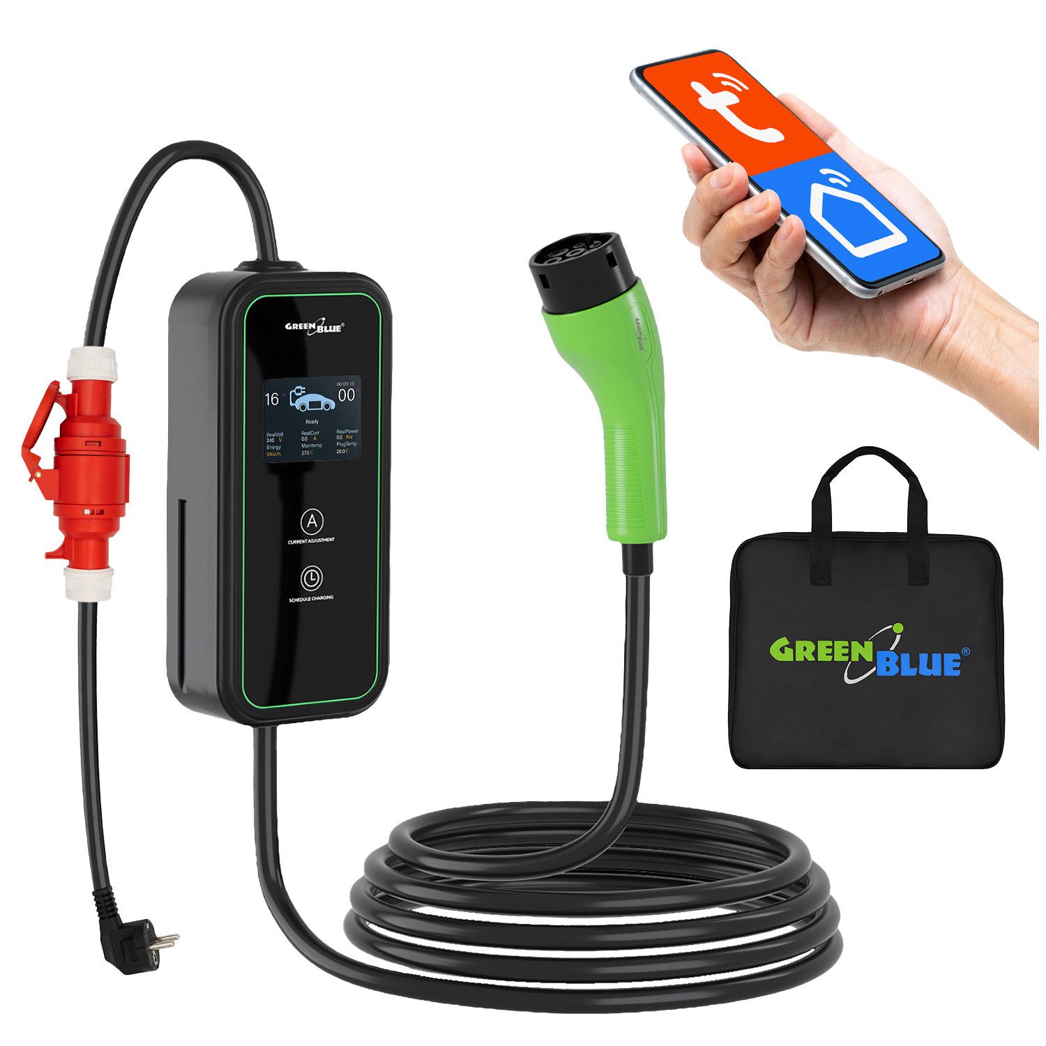 GreenBlue Elektroauto-Ladestation GB1100 Typ-2-Ladestation für Elektroautos 11 kW 6–16 A WLAN Tuya, für (EV) und Plug-in-Hybridfahrzeuge (PHEV)