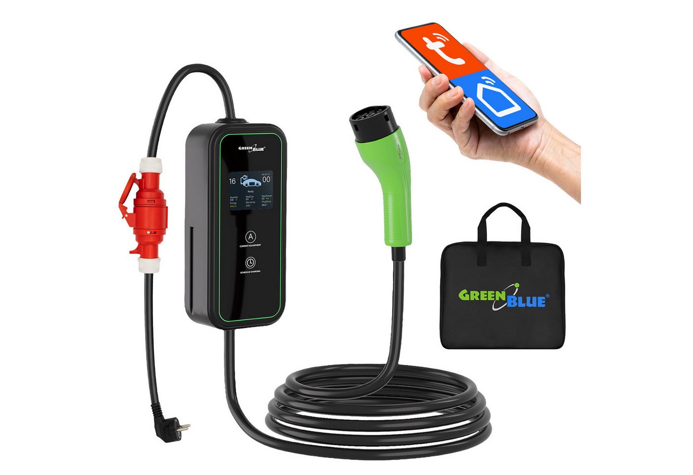 GreenBlue Elektroauto-Ladestation GB1100 Typ-2-Ladestation für Elektroautos 11 kW 6–16 A WLAN Tuya, für (EV) und Plug-in-Hybridfahrzeuge (PHEV)