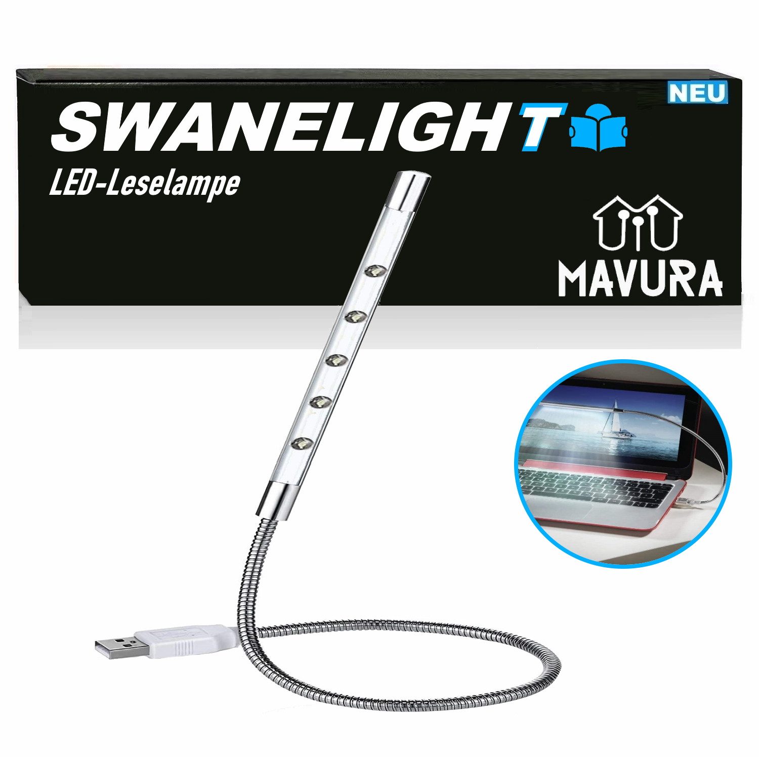 MAVURA LED Leselampe SWANELIGHT Schwanenhals USB LED Lampe schwenkbar 5 ultrahelle LED, LED fest integriert, Tageslichtweiß, Schwanenhalslampe Notebooklampe Laptop Notebook Leuchte