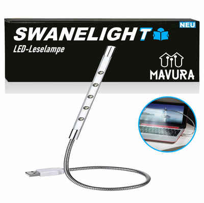 MAVURA LED Leselampe SWANELIGHT Schwanenhals USB LED Lampe schwenkbar 5 ultrahelle LED, LED fest integriert, Tageslichtweiß, Schwanenhalslampe Notebooklampe Laptop Notebook Leuchte