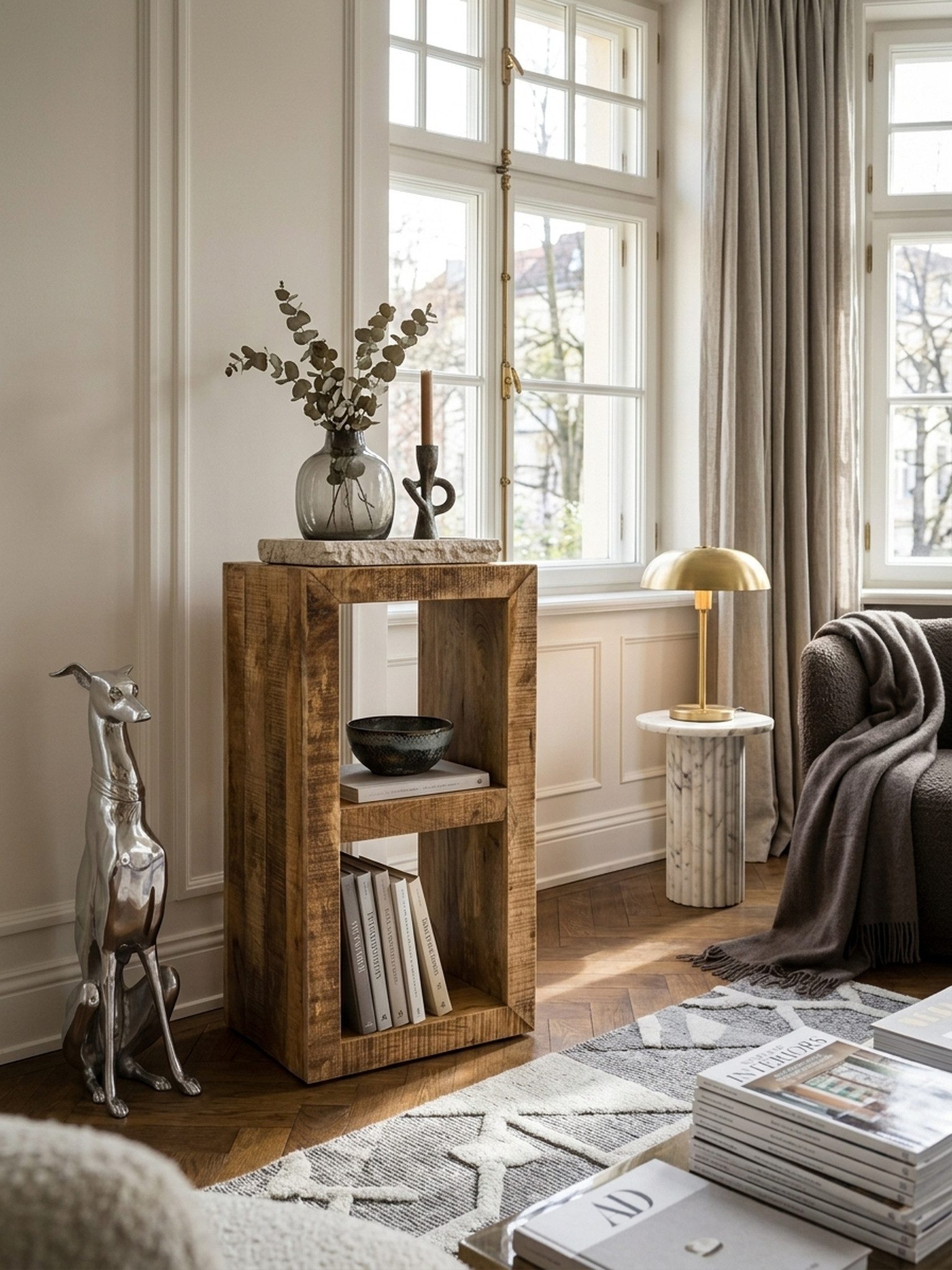 KADIMA DESIGN Standregal Standregal Massivholz Mango 90 x 45 x 35 cm 2 Böden, Design Holz, Massiv, Regal Natur, Beistelltisch Landhaus-Stil, Kleines Bücherregal Holz